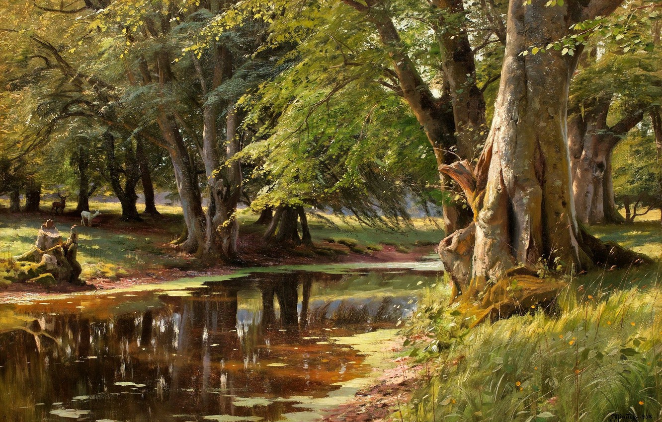 Wallpaper forest, animals, summer, grass, trees, landscape, river, picture, deer, Bank, Peder Mork Monsted image for desktop, section живопись