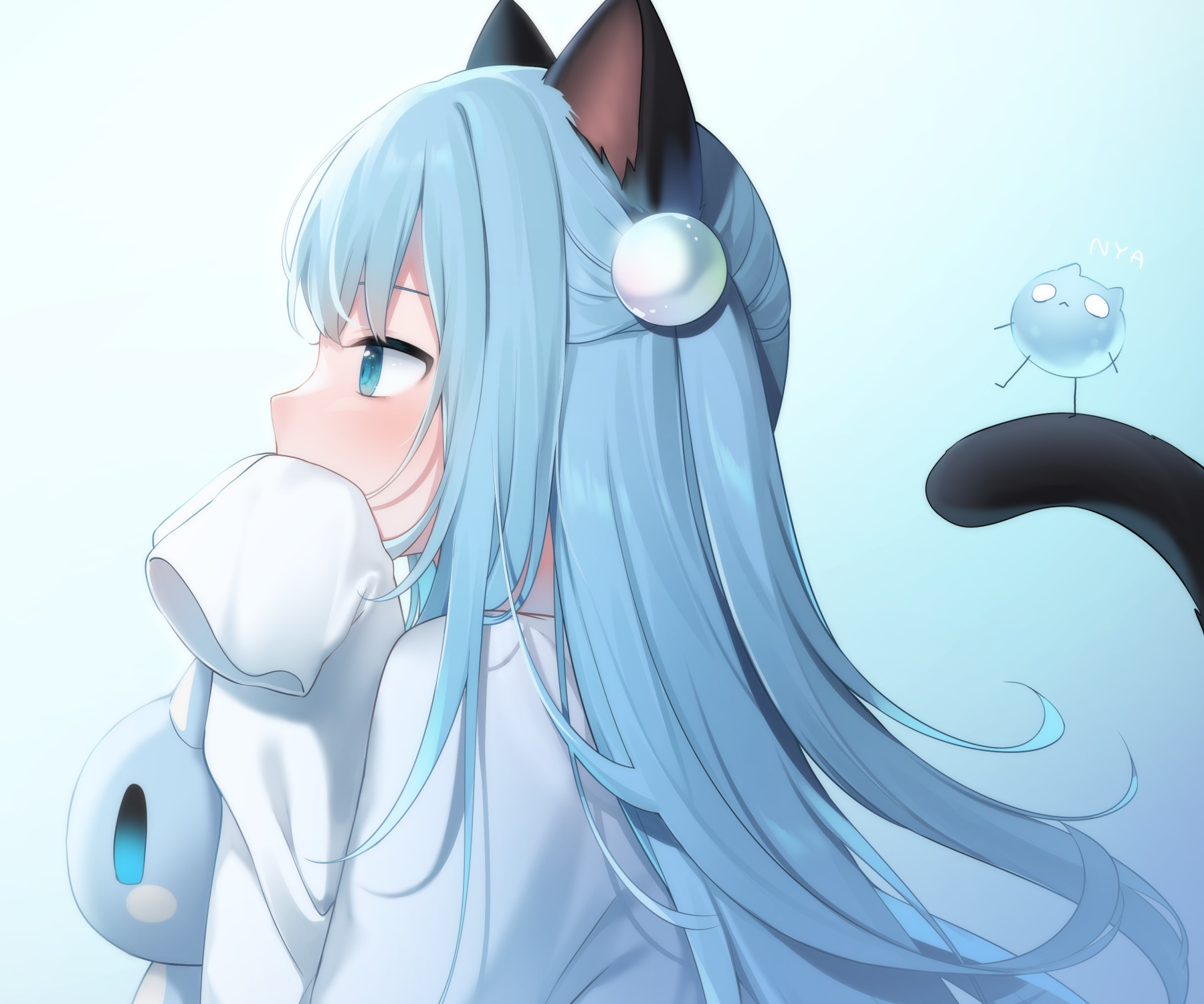Download 2560x1600 Cute Anime Girl, Aqua Hair, Profile View, Tail, Cat Girl, Baggy Clothes Wallpaper for MacBook Pro 13 inch