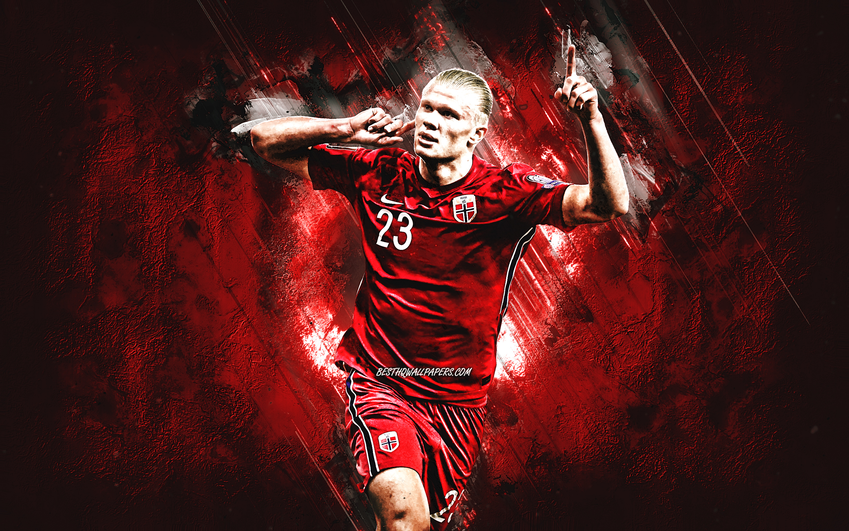 Download wallpaper Erling Braut Haaland, Norway national football team, red stone background, Haaland art, Norwegian footballer, Norway, football for desktop with resolution 2880x1800. High Quality HD picture wallpaper