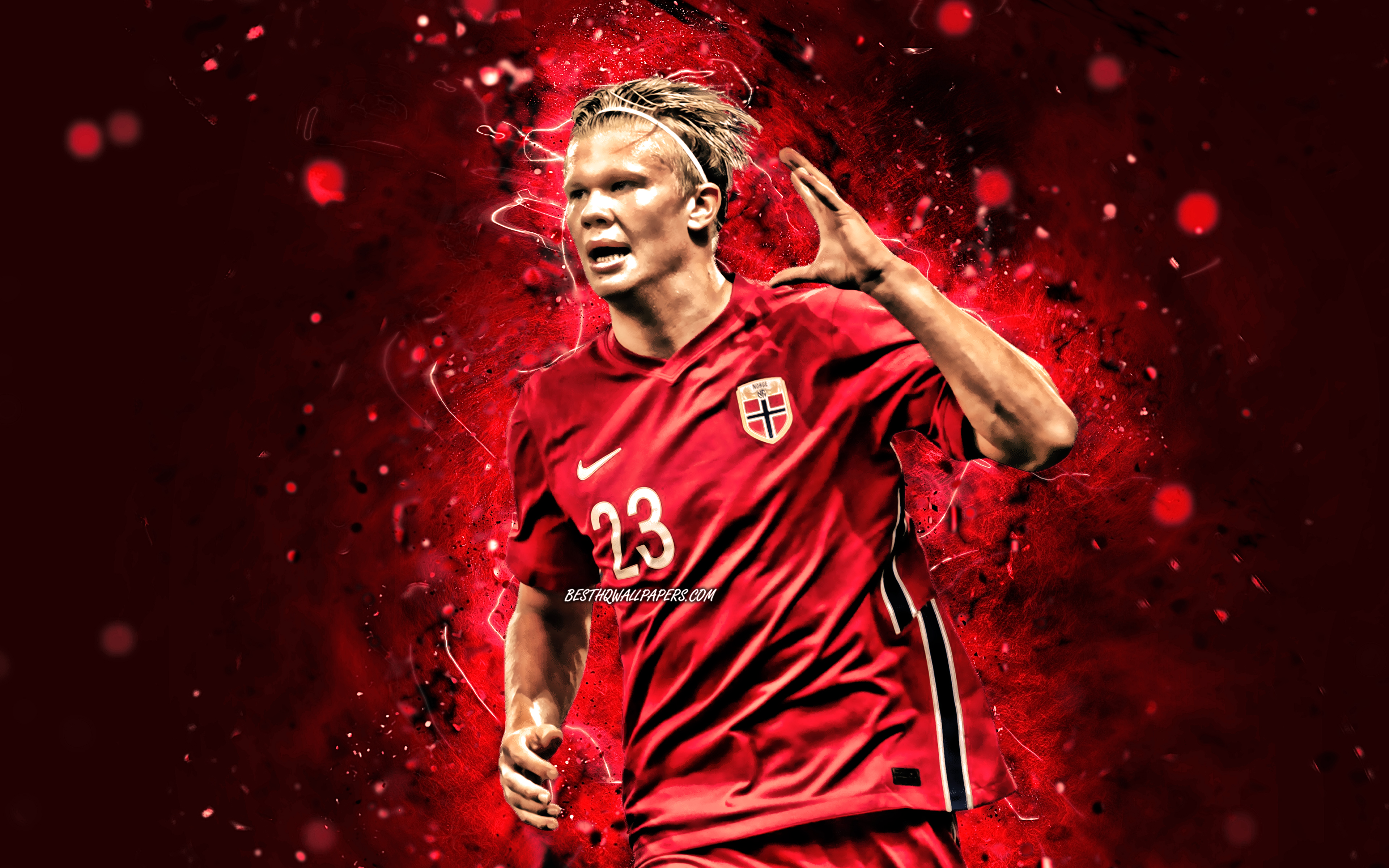 Download wallpaper Erling Haaland, 4k, 2020, Norway National Team, soccer, footballers, Erling Braut Haaland, red neon lights, Norwegian football team, Erling Haaland 4K for desktop with resolution 3840x2400. High Quality HD picture