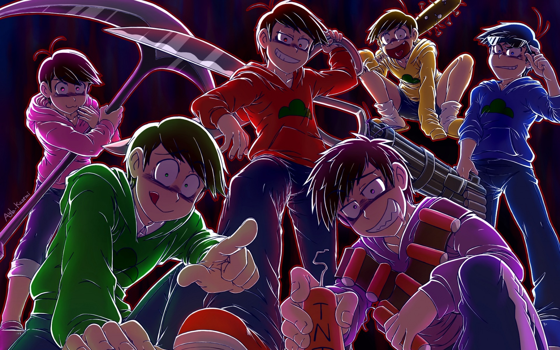 Download Wallpaper Osomatsu San, Family, Brothers, Japanese Manga, Anime Characters, Choromatsu Matsuno, Ichimatsu, Juushimatsu, Karamatsu Matsuno, Osomatsu, Todomatsu For Desktop With Resolution 1920x1200. High Quality HD Picture Wallpaper