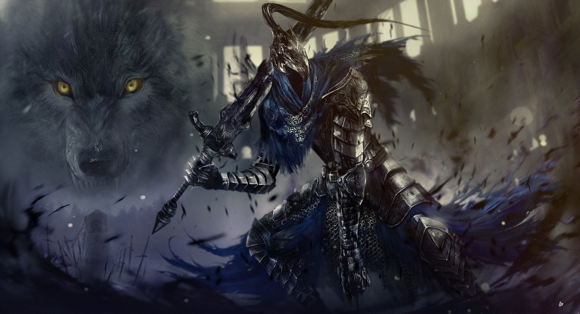 Wallpaper / holding, Warrior, Armor, Sword, wearing, illustration, Sif (Dark Soul), Artorias the Abysswalker, big, 1080P, person, Wolf, Dark Souls free download