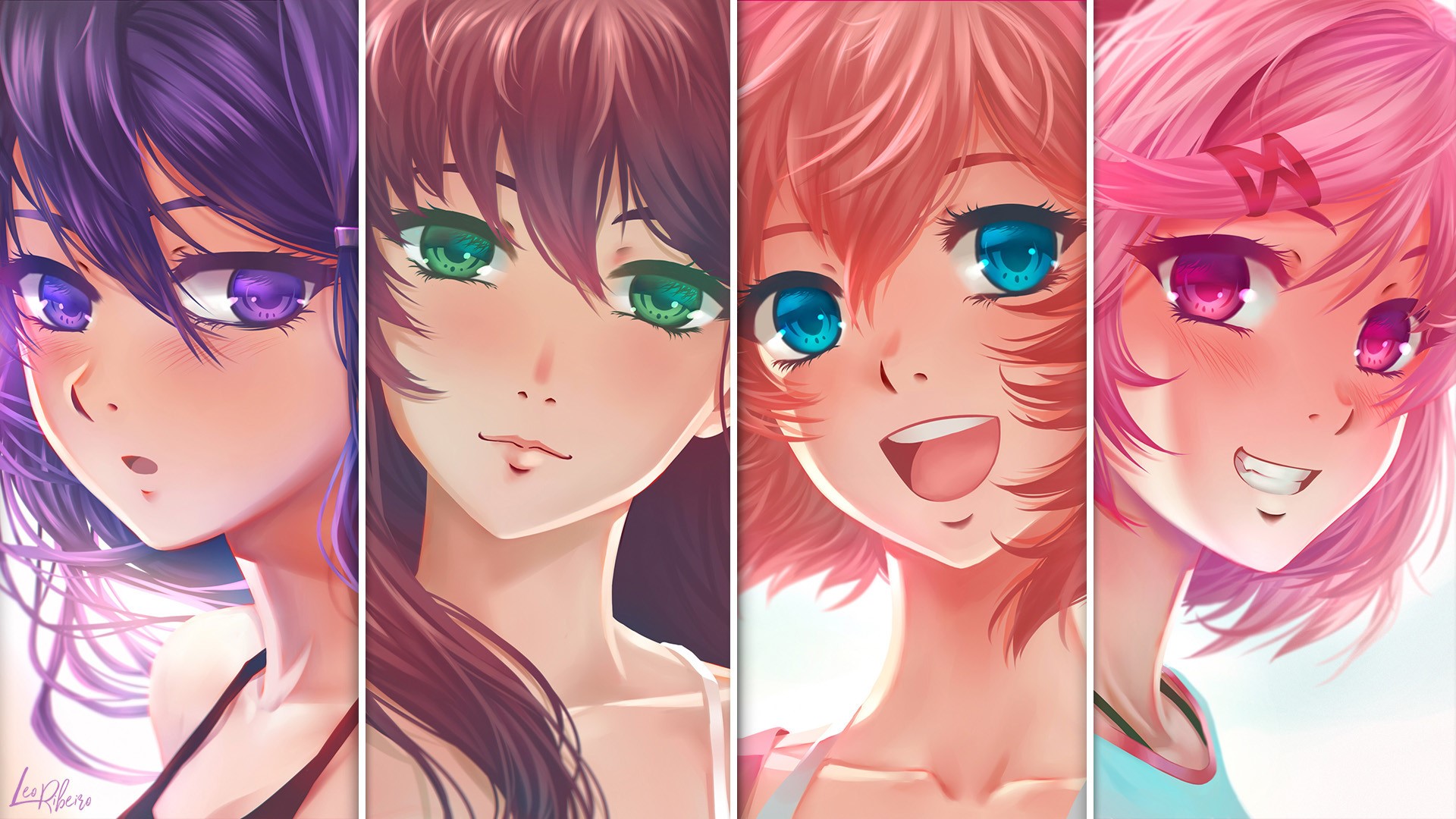 visual novel, blue eyes, brunette, purple hair, Monika (Doki Doki Literature Club), fan art, Doki Doki Literature Club, DDLC, anime girls, Sayori (Doki Doki Literature Club), Yuri (Doki Doki Literature Club)