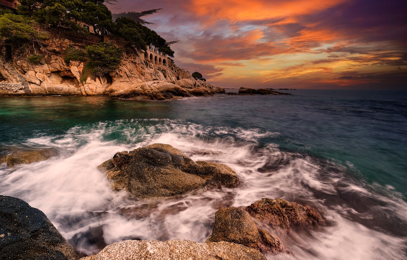 Wallpaper sea, sunset, rocks, coast, Spain, Spain, Catalonia, Costa Brava, Catalonia, The Balearic sea, Costa Brava, Balearic Sea image for desktop, section пейзажи