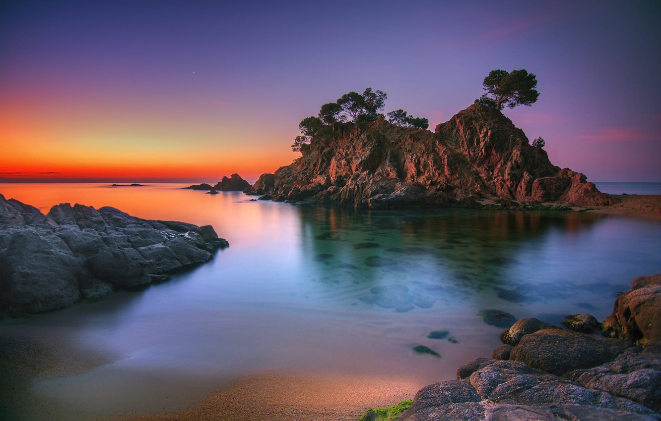Wallpaper sea, trees, landscape, sunset, stones, rocks, dawn, Spain, Catalonia, Costa Brava image for desktop, section пейзажи