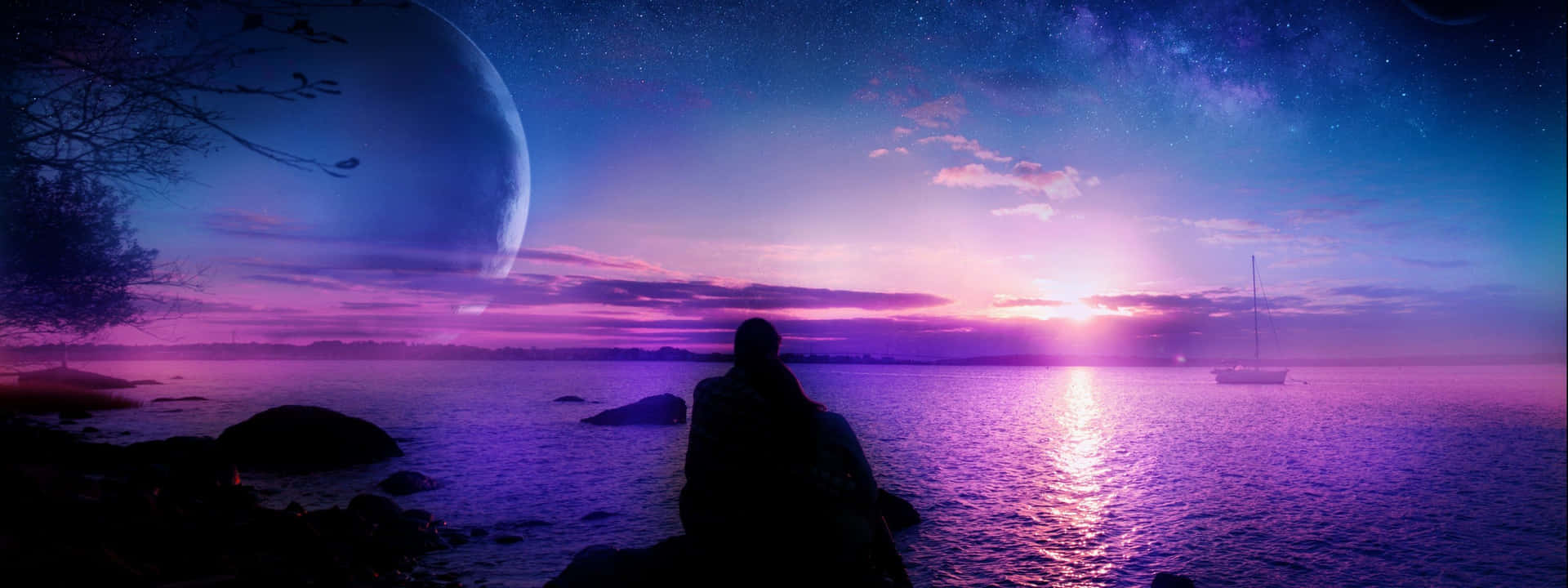 Download A Purple Sky With A Moon And Stars Wallpaper