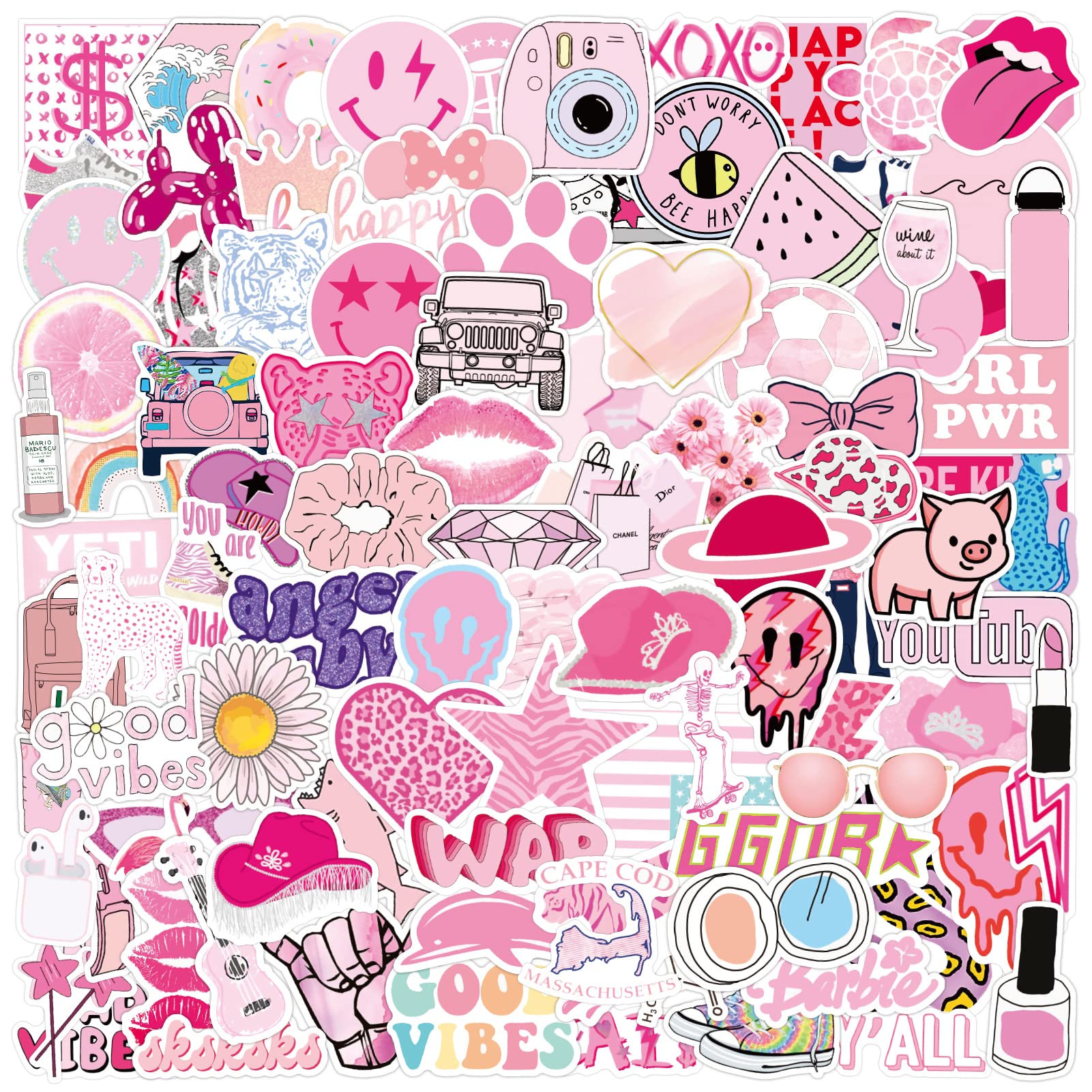 102Pcs Preppy Vinyl Stickers Decals Aesthetic Pink Party Supplies Stickers for Laptop Water Bottle Bike Skateboard Luggage Computer Hydro Flask Toy Snowboard for Women
