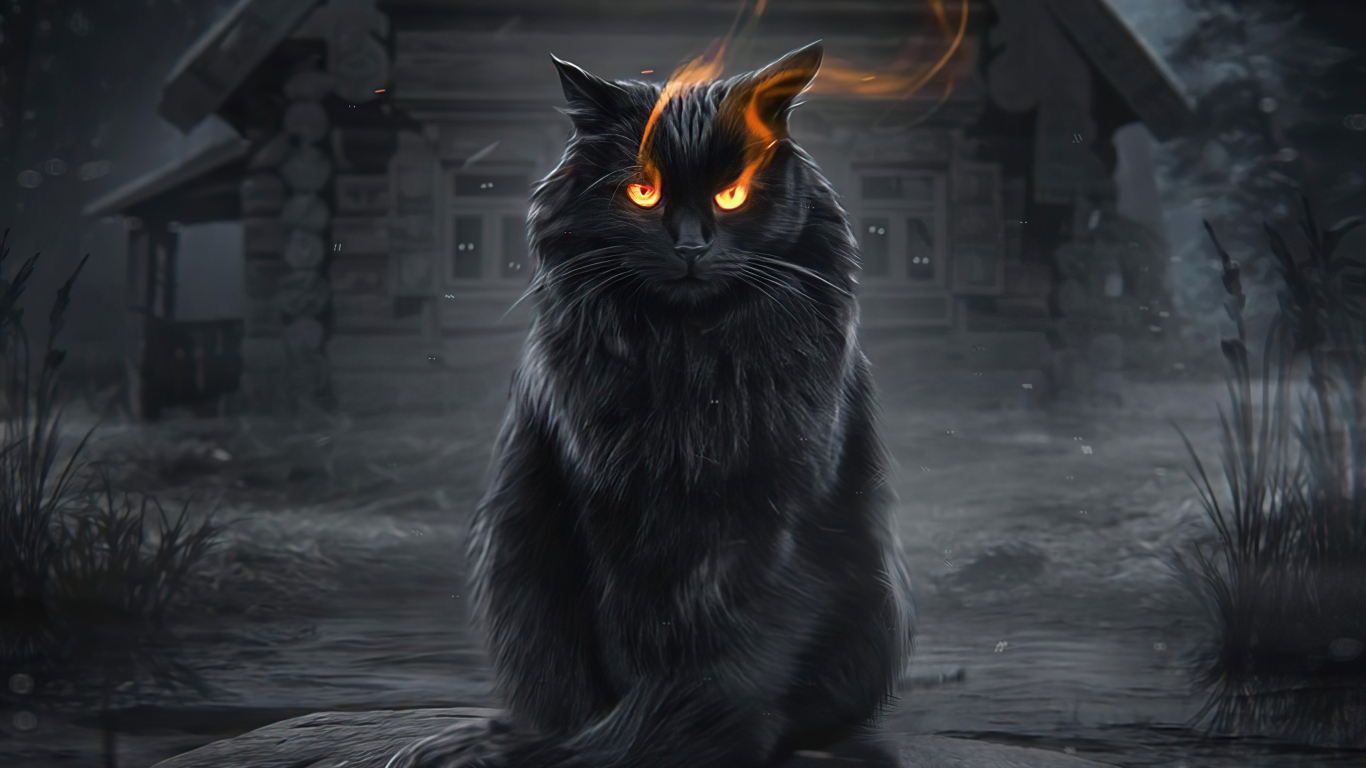 Black cat fire eyes fantasy wallpaper