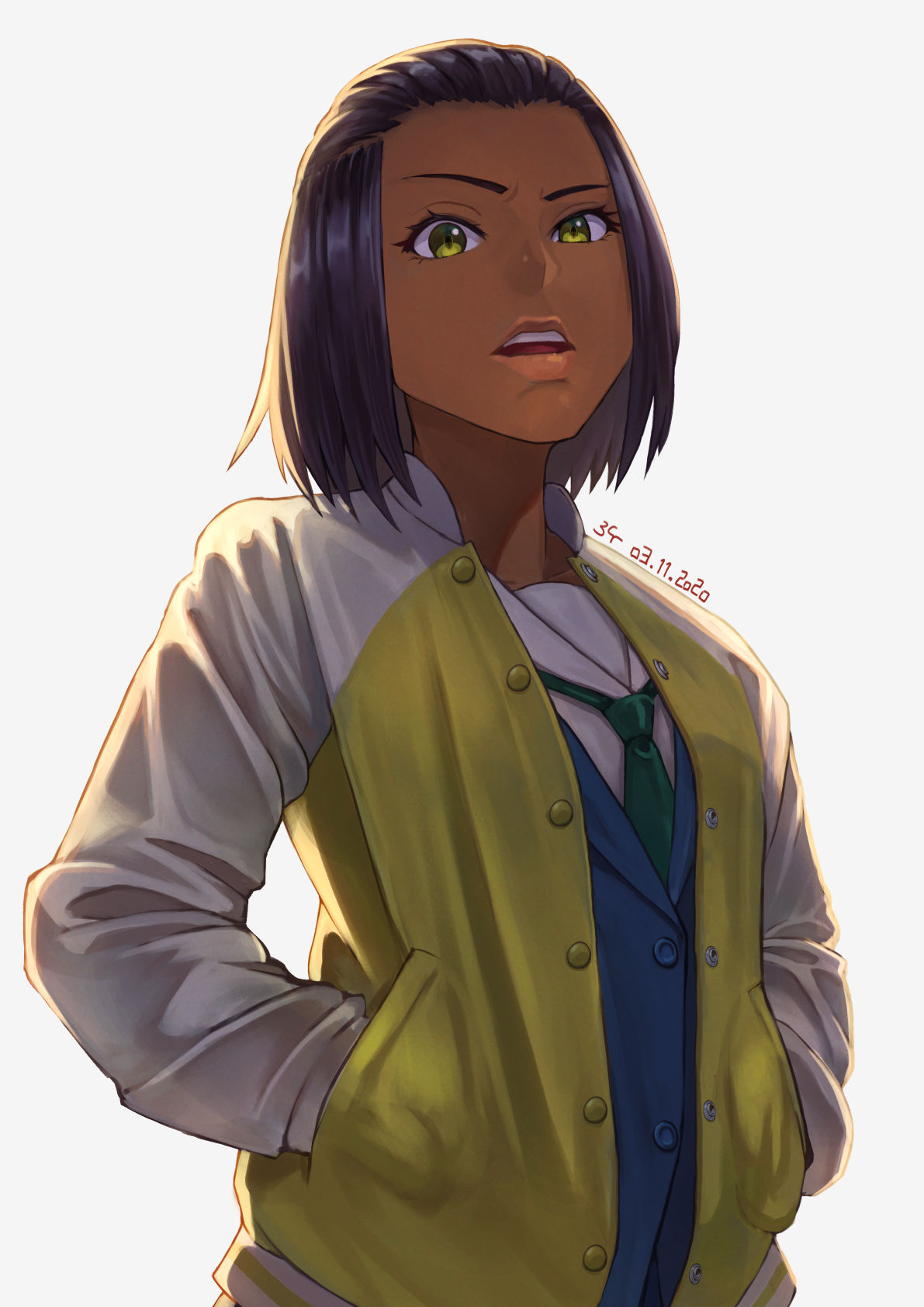 Wallpaper, Eizouken ni wa Te wo Dasu na, anime girls, short hair, black hair, school uniform, JK, small boobs, Low Angle, dark skin, freckles, vertical, open mouth, Sowande Sakaki, green eyes