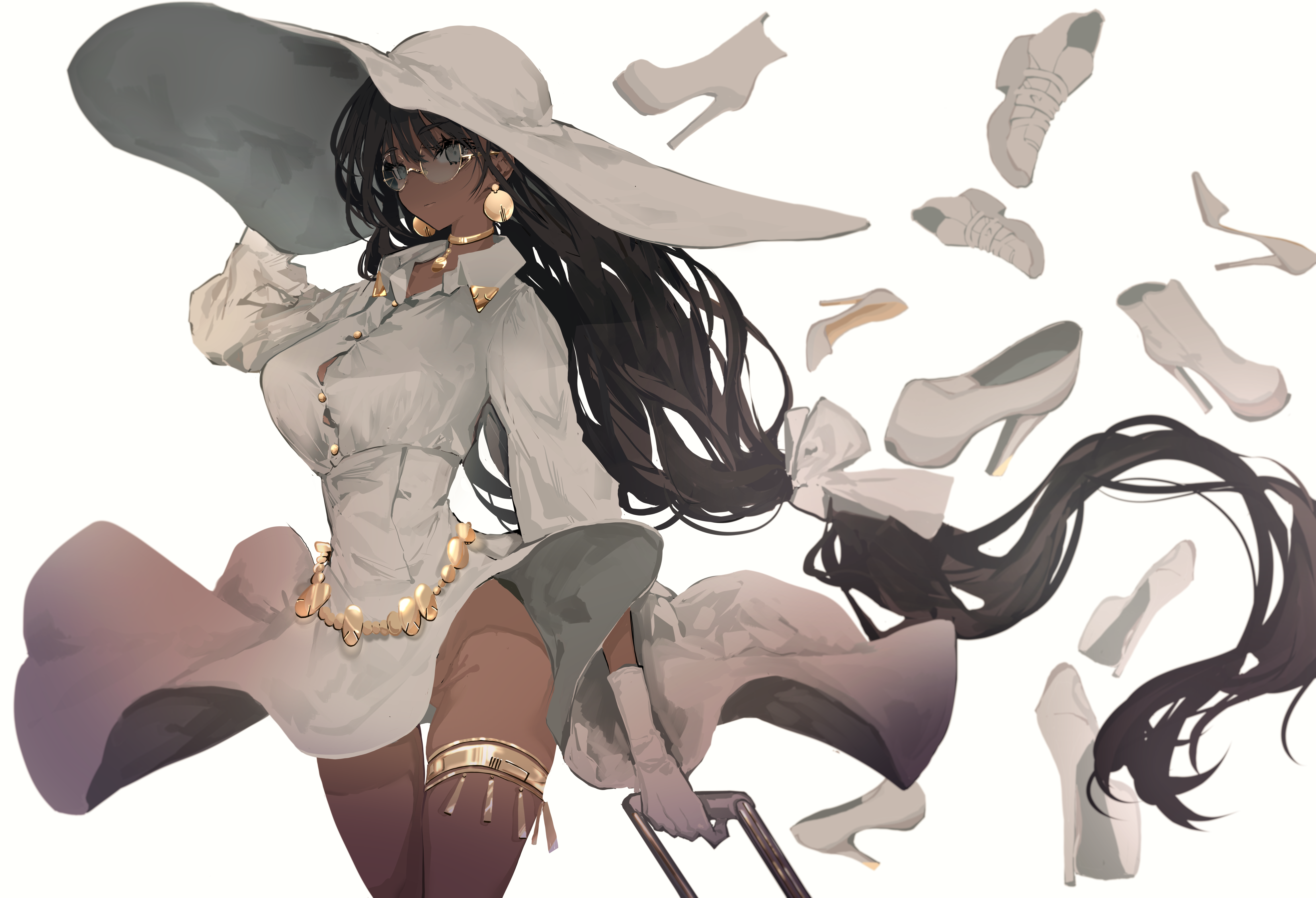 Black Hair Dark Skin Dress Glasses Gloves Gray Eyes Hat Long Hair White Clothing Anime Girls Heels Wallpaper:4622x3153