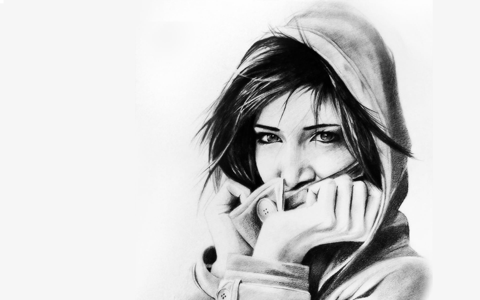 Wallpaper / one person, drawing, copy space, model, real people, Susan Coffey, obscured face, hairstyle, front view, sketch, 1080P, beautiful woman, looking at camera free download