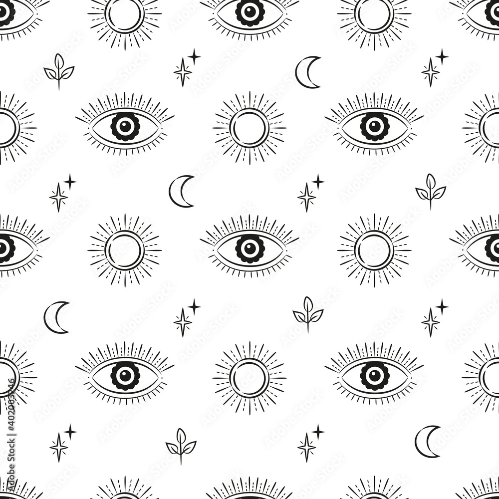 Evil eye vector seamless pattern. Magic, witchcraft, occult symbol, line art collection. Hamsa eye, suns, moons, magical eyes, decor element. Black and white fabric, textile, giftware, wallpaper. Stock Vector