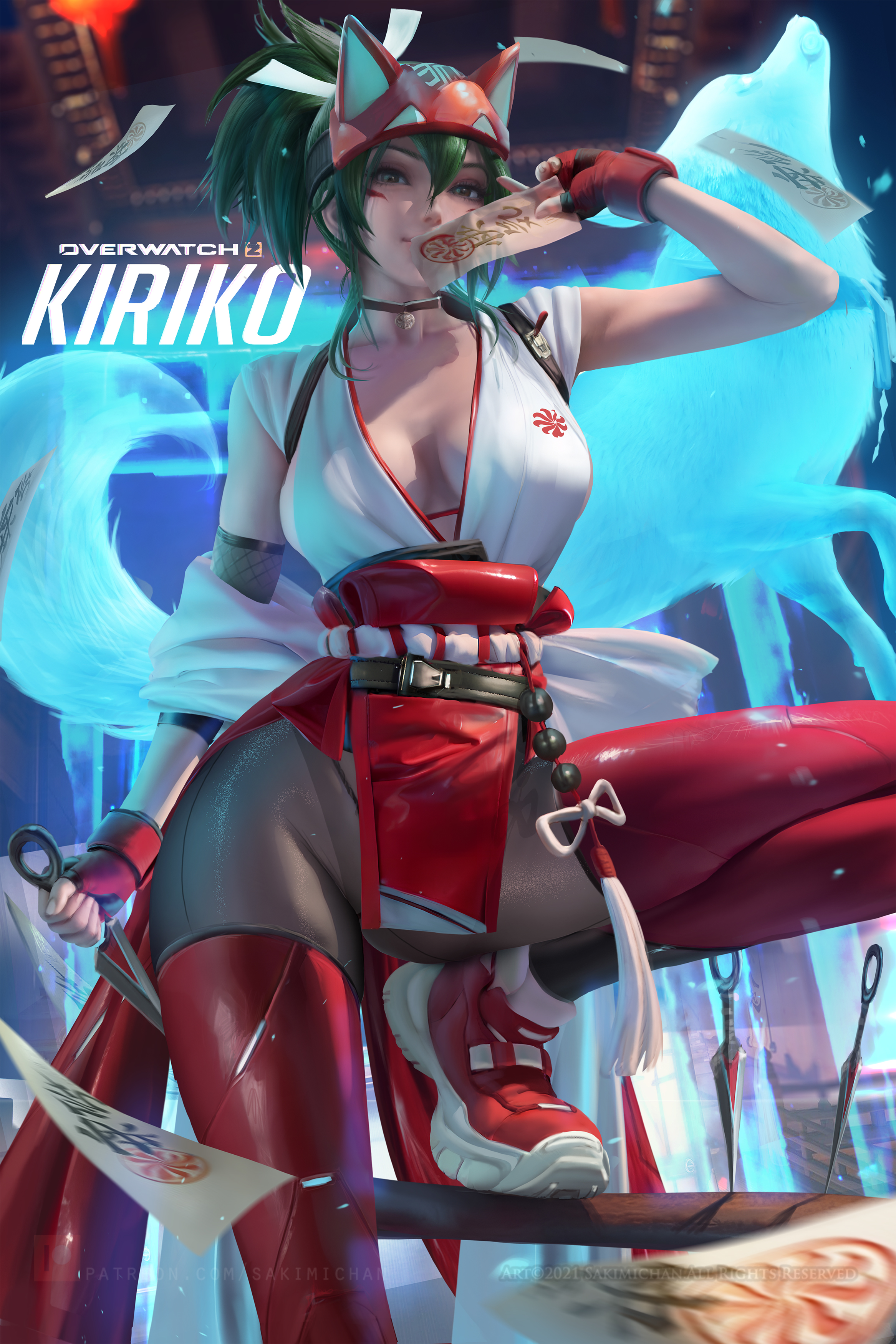 Wallpaper, Kiriko Overwatch, Sakimichan, looking at viewer, brown eyes 2333x3500