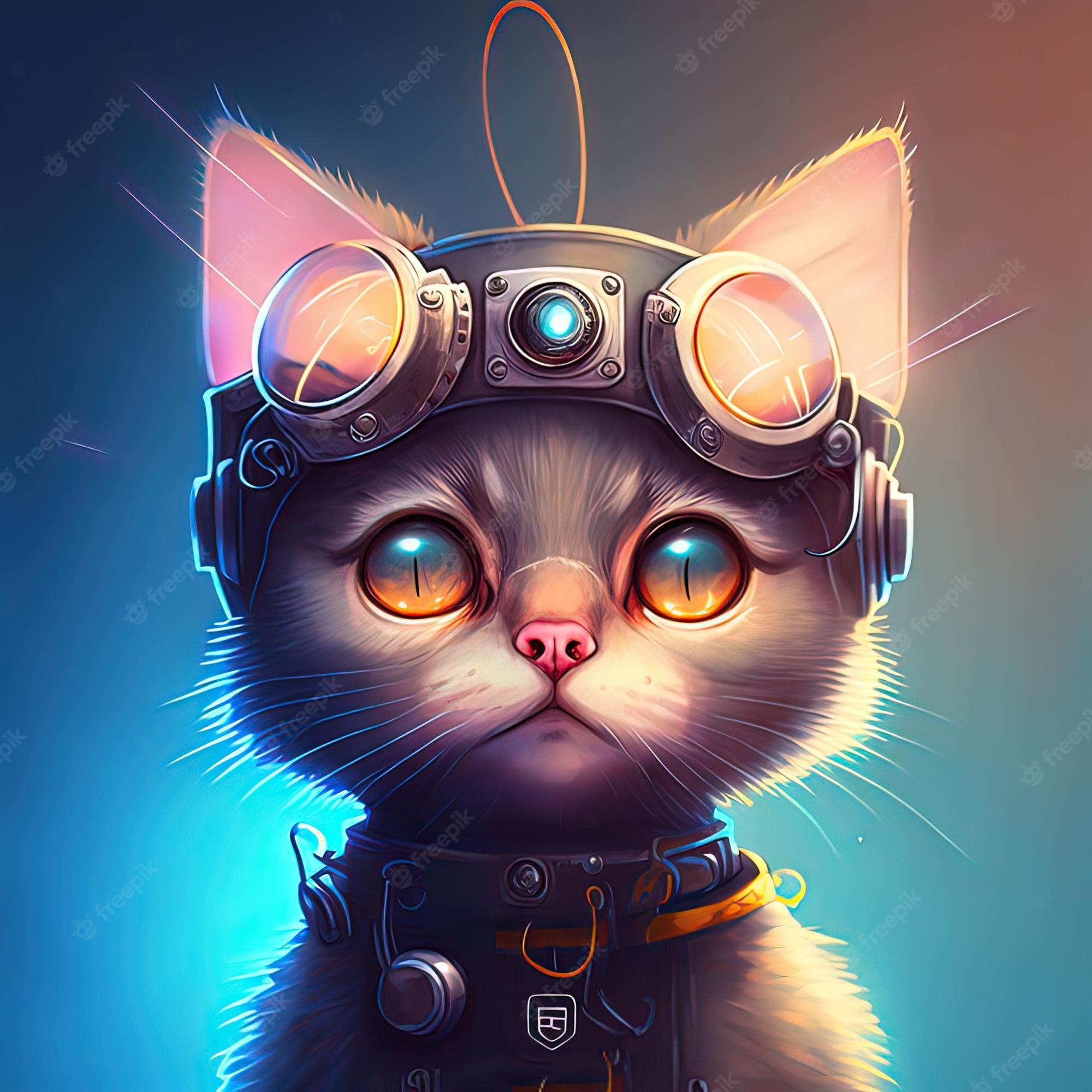 Premium Photo. Futuristic cyber cat in cyberpunk style digital art style illustration painting