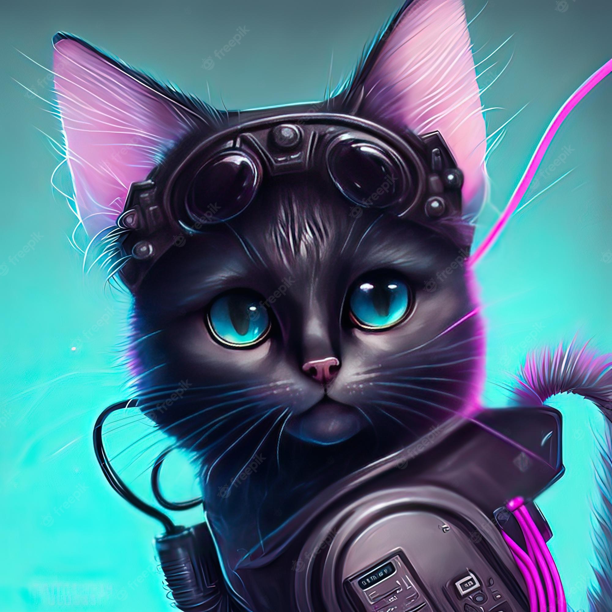 Premium Photo. Futuristic cyber cat in cyberpunk style digital art style illustration painting