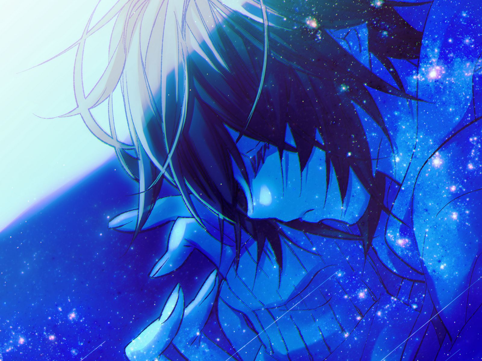 Download wallpaper 1600x1200 guy, sad, anime, art, blue standard 4:3 HD background