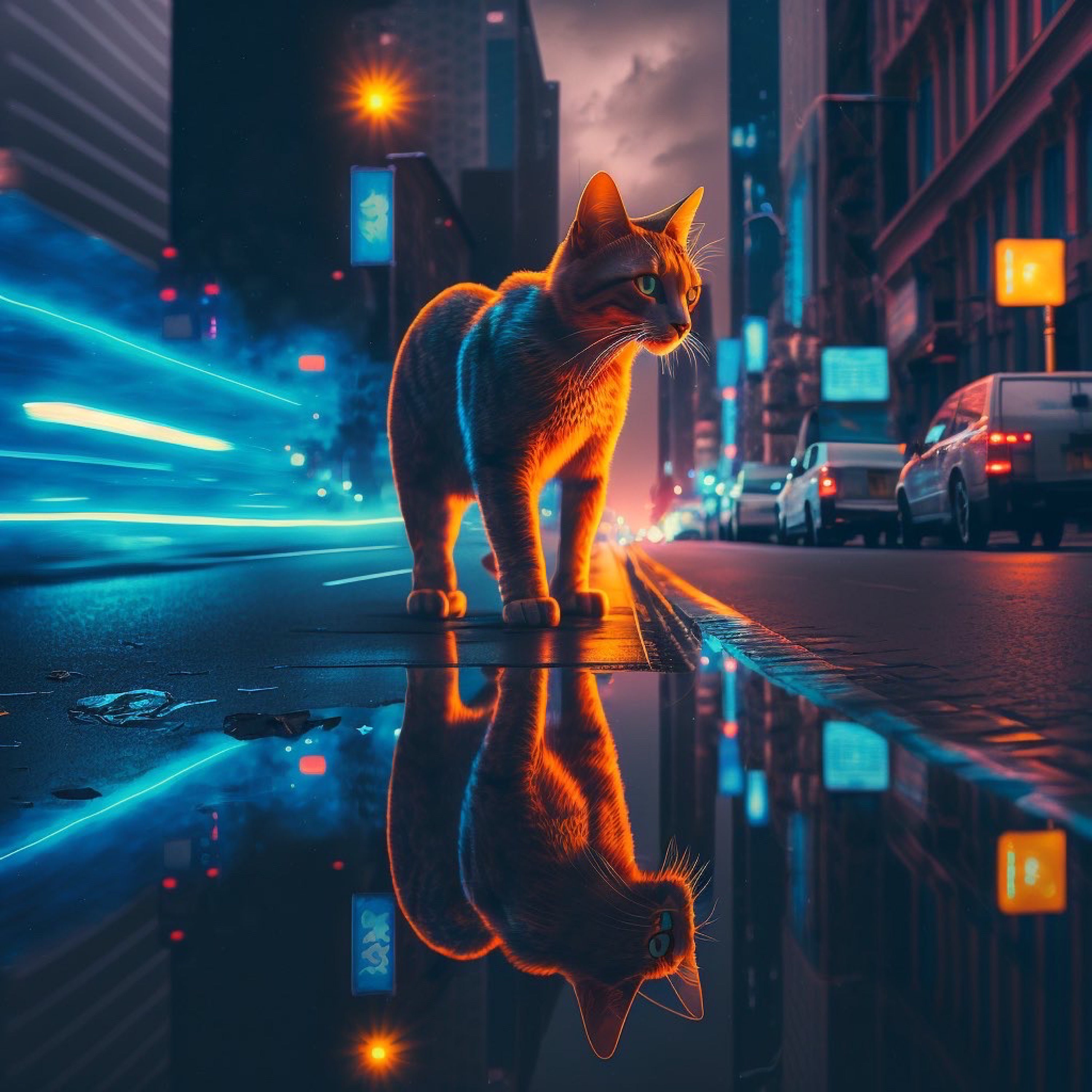Stray Cat in the City Digital Art Wall Decor Cat Cyberpunk