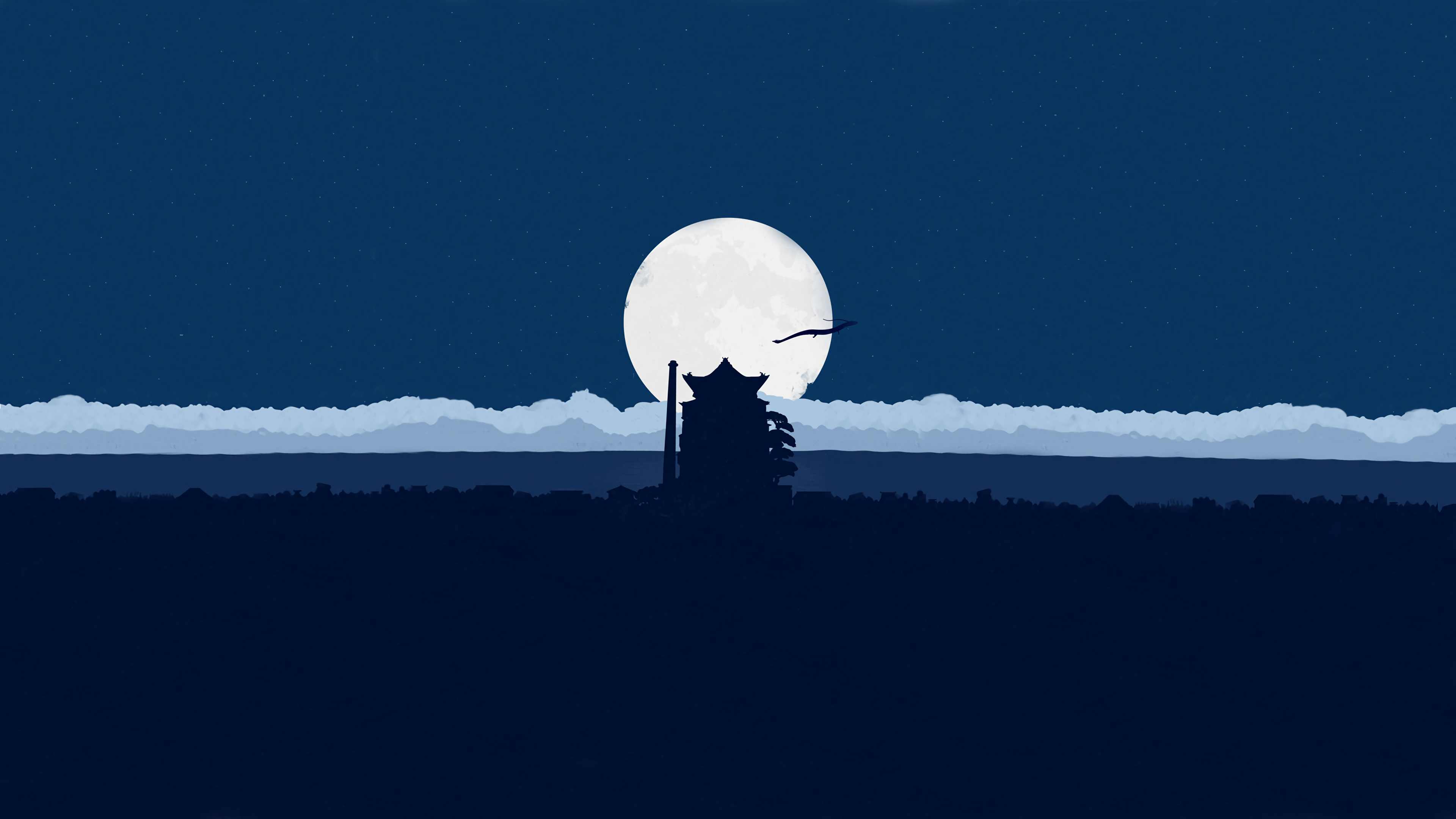 4K, moonlight, Spirited Away, shadow, minimalism, anime, blue, simple, clouds, fan art, sen to chihiro, clear sky Gallery HD Wallpaper