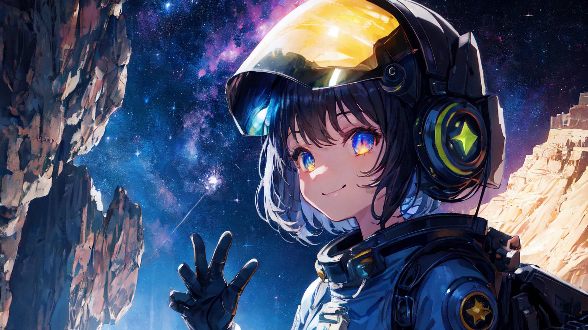 Download wallpaper 1920x1080 girl, smile, astronaut, anime full hd, hdtv, fhd, 1080p HD background
