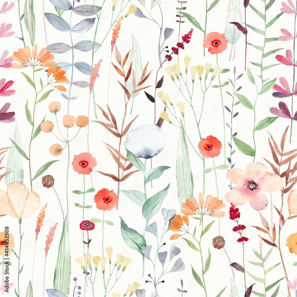 Watercolor seamless pattern with different wild flowers. Cute background for fabric, textile, nursery wallpaper. Meadow with flowers. Stock Illustration