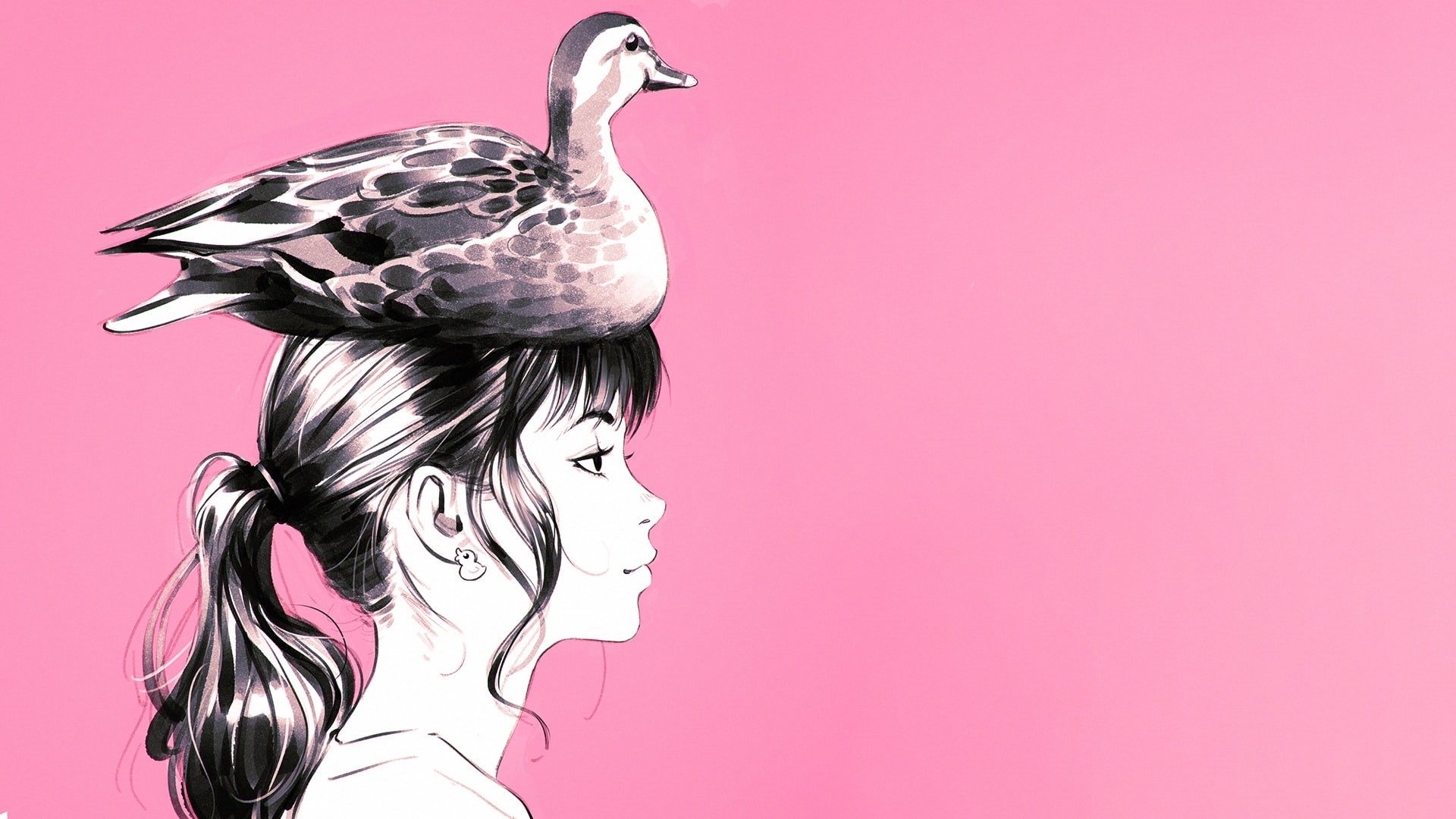 Wallpaper / semi realistic, 1080P, Anime, anime girl, profile view, duck on head free download