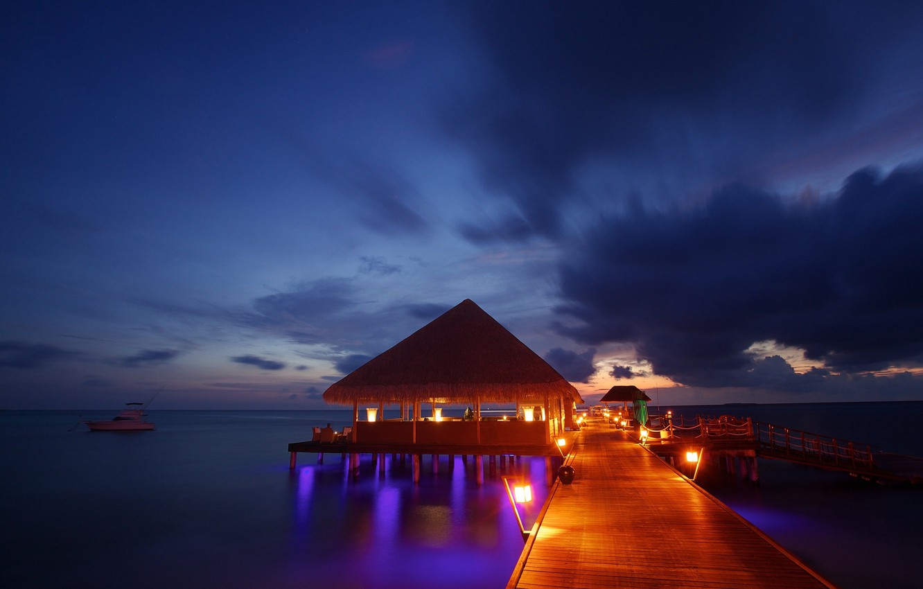 Wallpaper the ocean, pierce, The Maldives, beach, Bungalow, sea, ocean, sunset, Maldives, tropical, night lights, bungalow image for desktop, section пейзажи