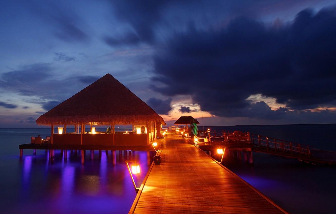 Wallpaper lights, night, Maldives, pier, lamps, tropical, resort image for desktop, section пейзажи