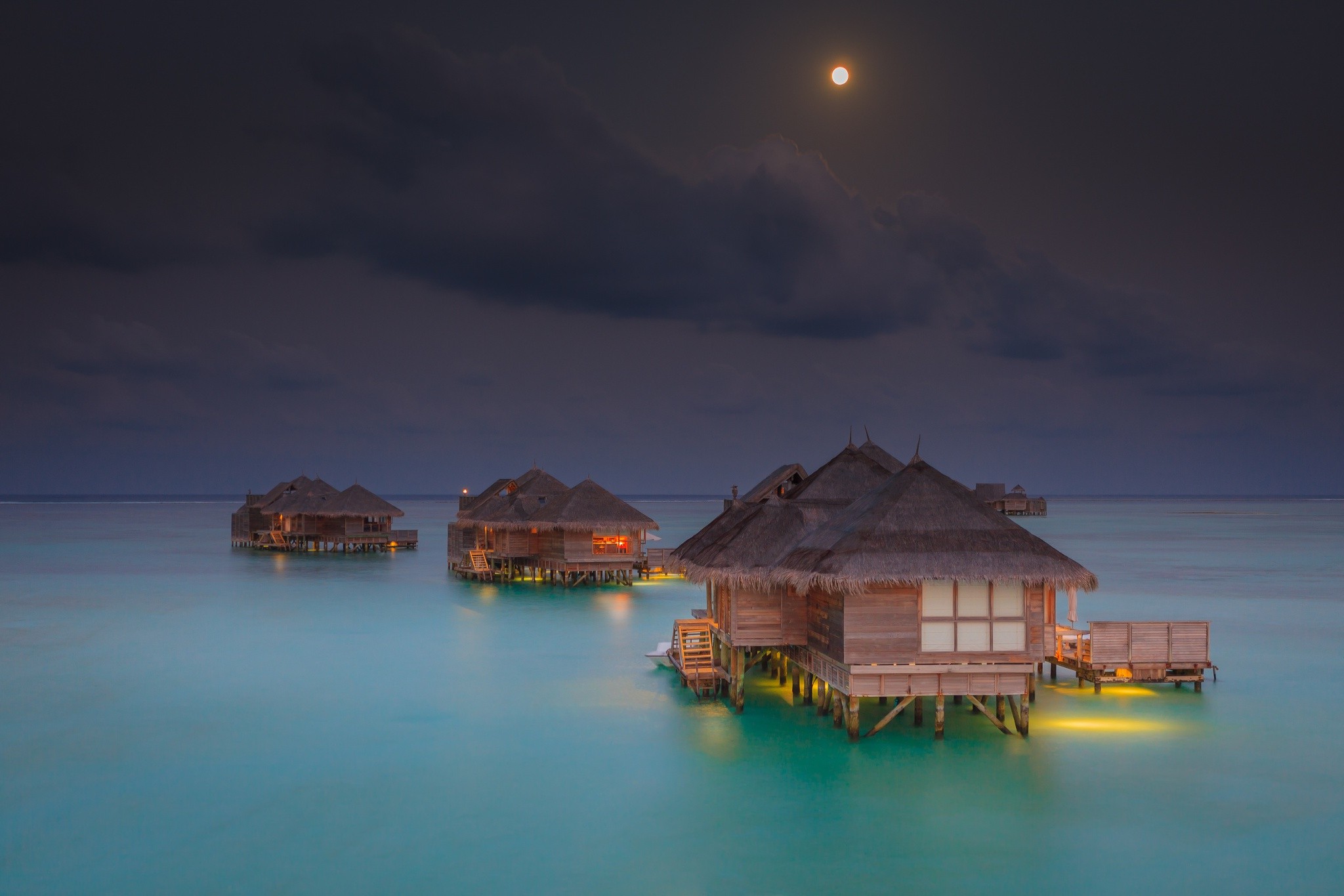 Maldives, Moon, Resort, Sea, Bungalow, Clouds, Tropical, Beach, Nature, Landscape Wallpaper HD / Desktop and Mobile Background