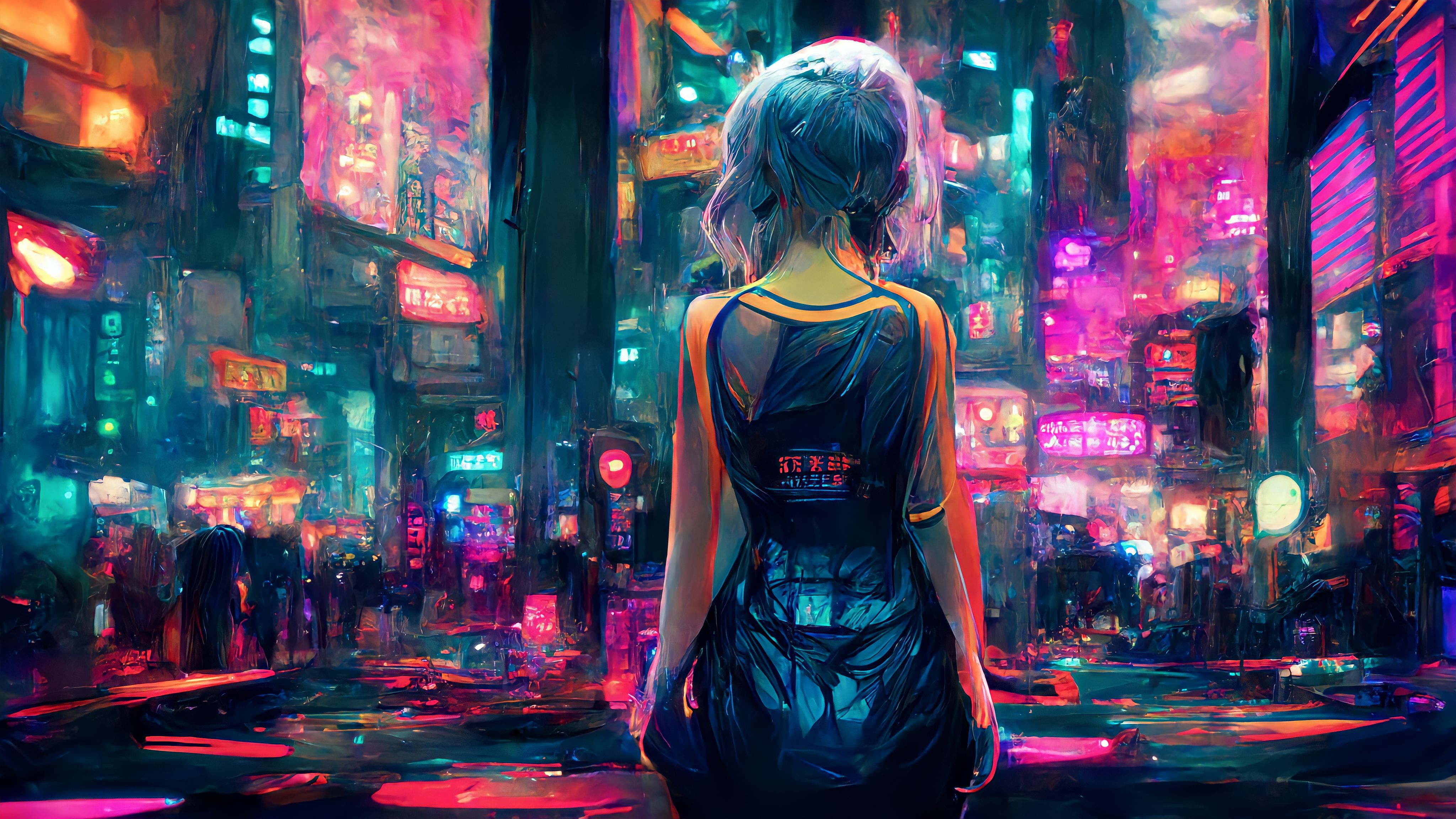Cyberpunk Anime Girls Neon City Neon Lights Futuristic Ai Art Wallpaper:4096x2304