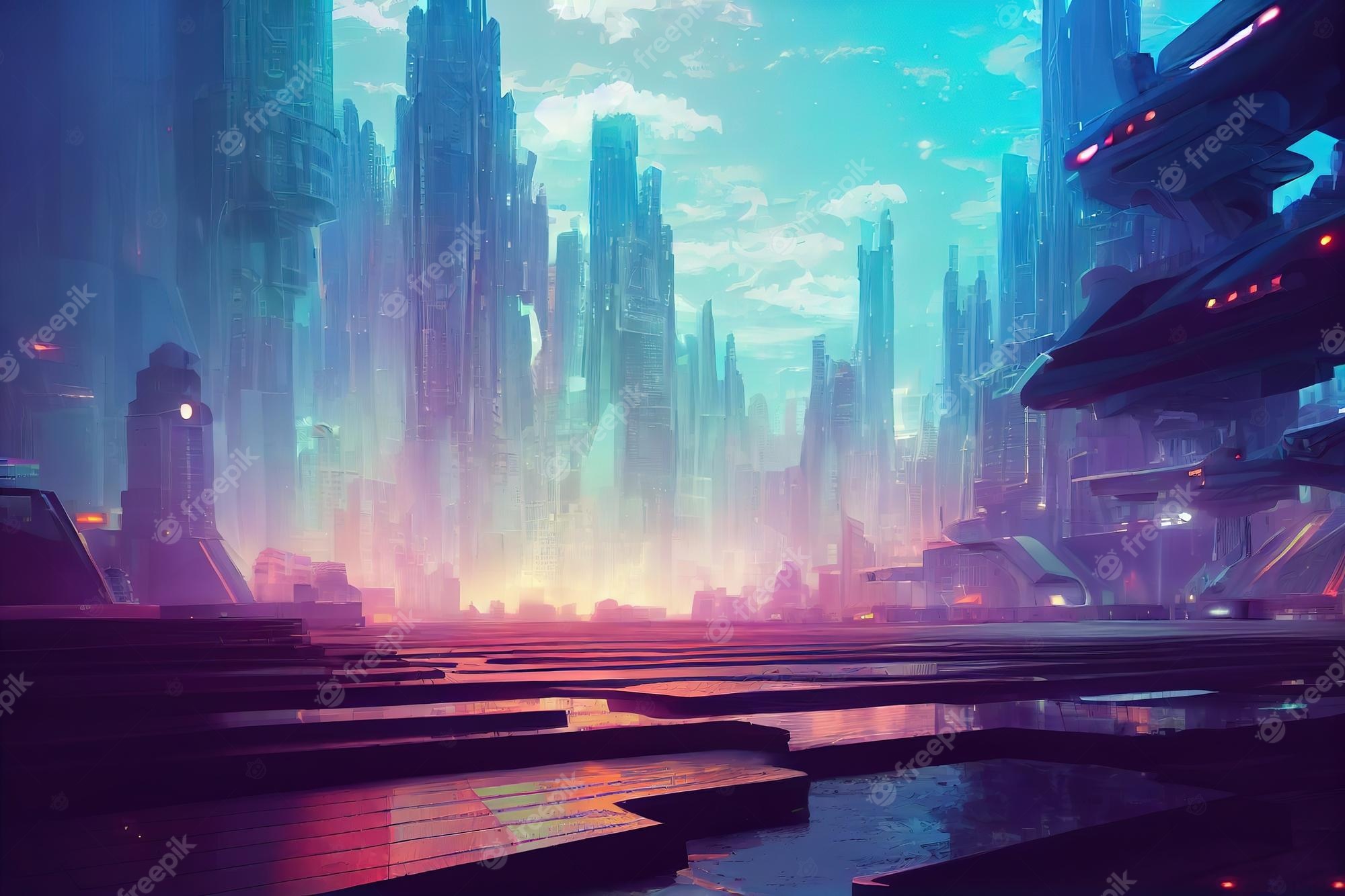 Premium Photo. Colorful cyberpunk metaverse city background in anime style concept art digital painting fantasy illustration