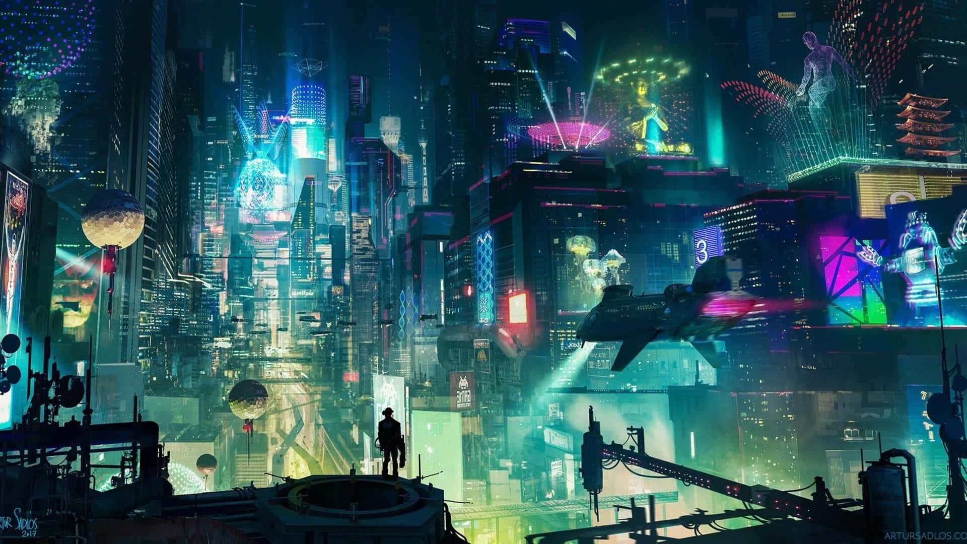 Download Cyberpunk Night City With Floating Spaceship Wallpaper