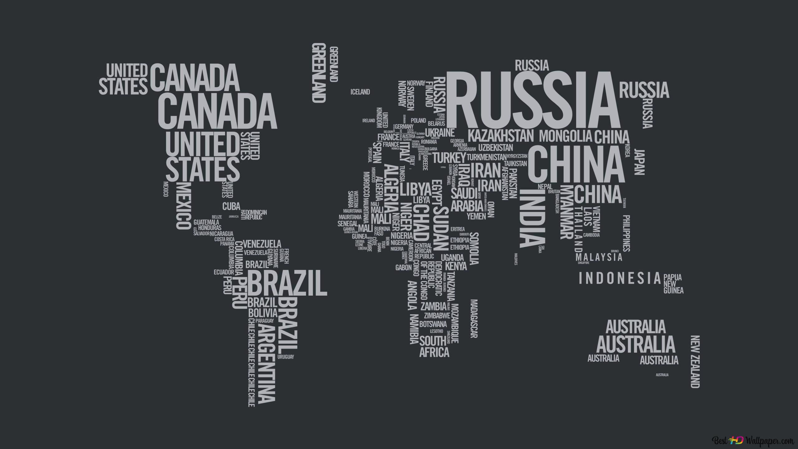 World map with black and white country names 2K wallpaper download