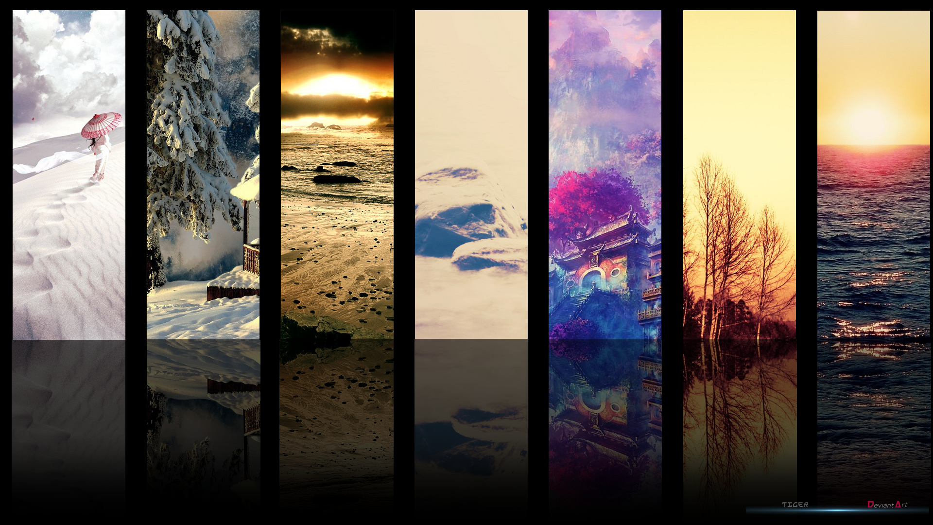 landscape, digital art, black background, nature, collage, reflection, symmetry, poster, ART, color, screenshot, computer wallpaper, modern art Gallery HD Wallpaper