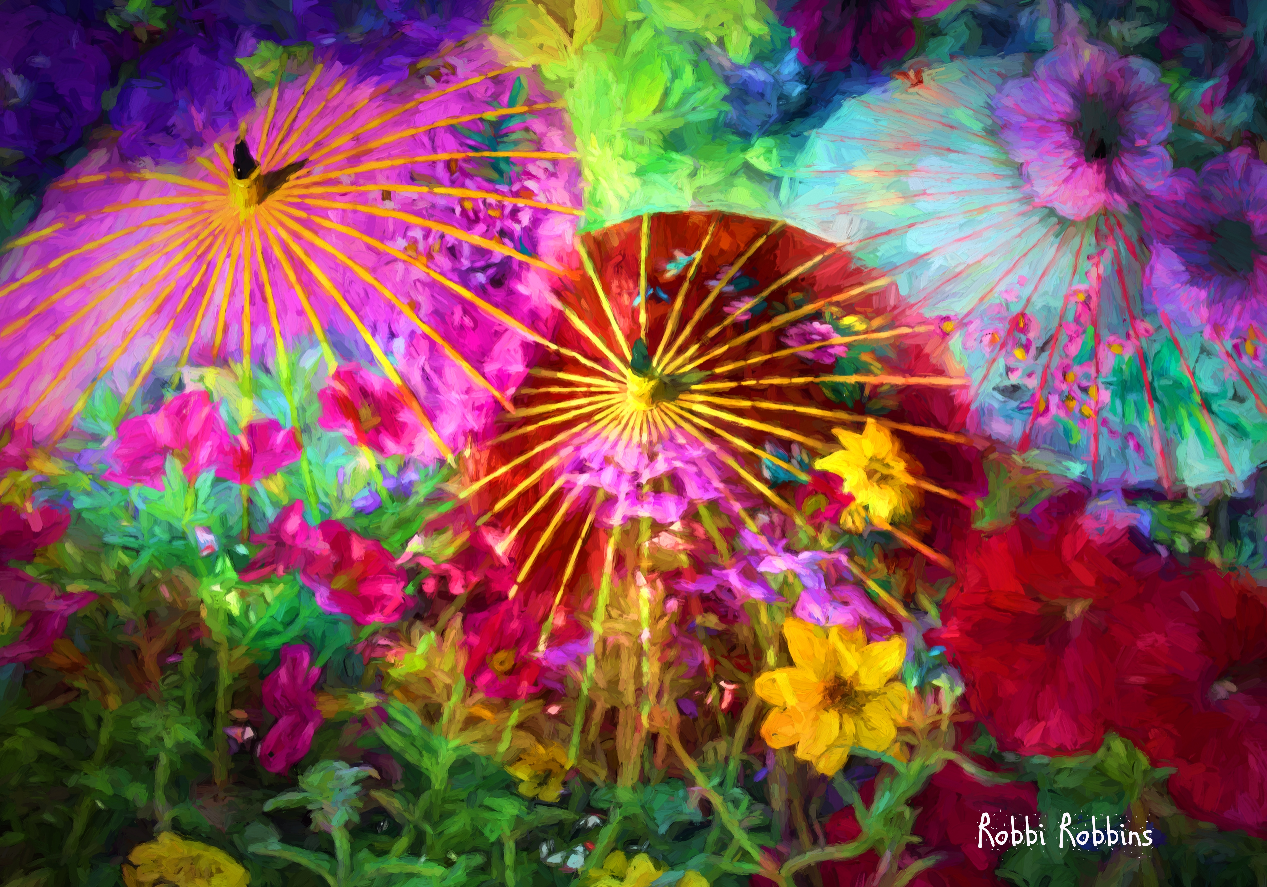 Wallpaper, sunlight, colorful, Photohop, flowers, garden, nature, collage, floral, color, flower, plant, flora, umbrellas, petal, parasols, photmanuplation, macro photography, psychedelic art 5000x3500