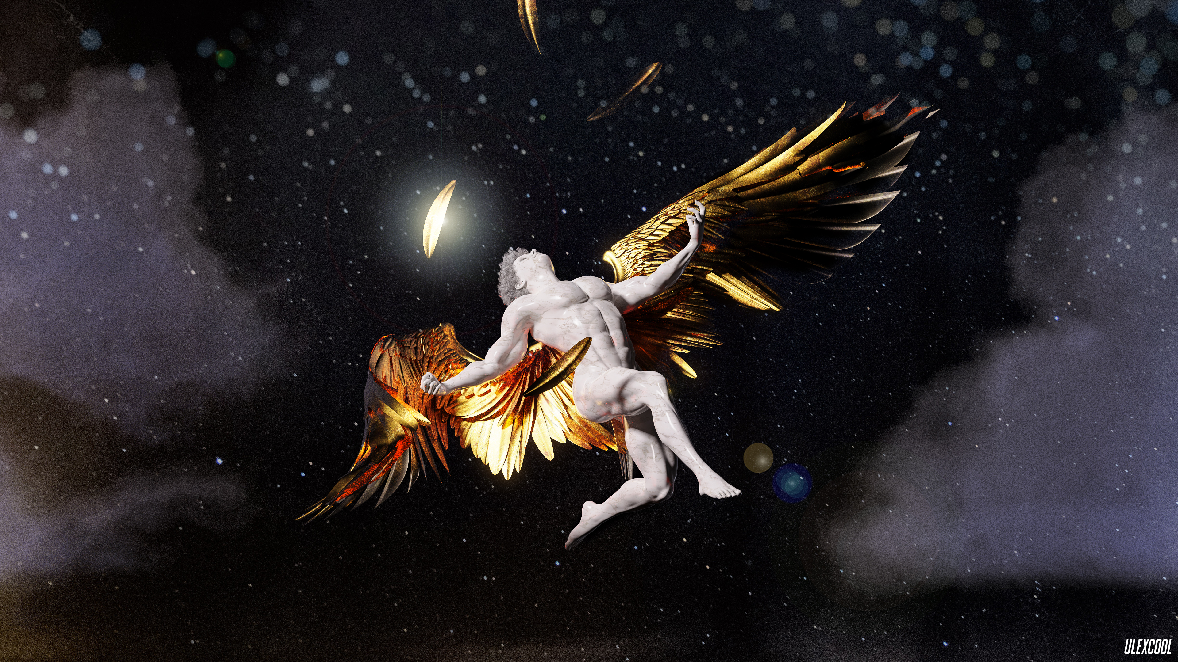 Wallpaper, Greek mythology, Ancient Greek sculpture, marble, gold, stars, minimalism, CGI, digital art, 3D graphics, daz, Daz 3D, Blender, Icarus, feathers, flying, clouds 3840x2160