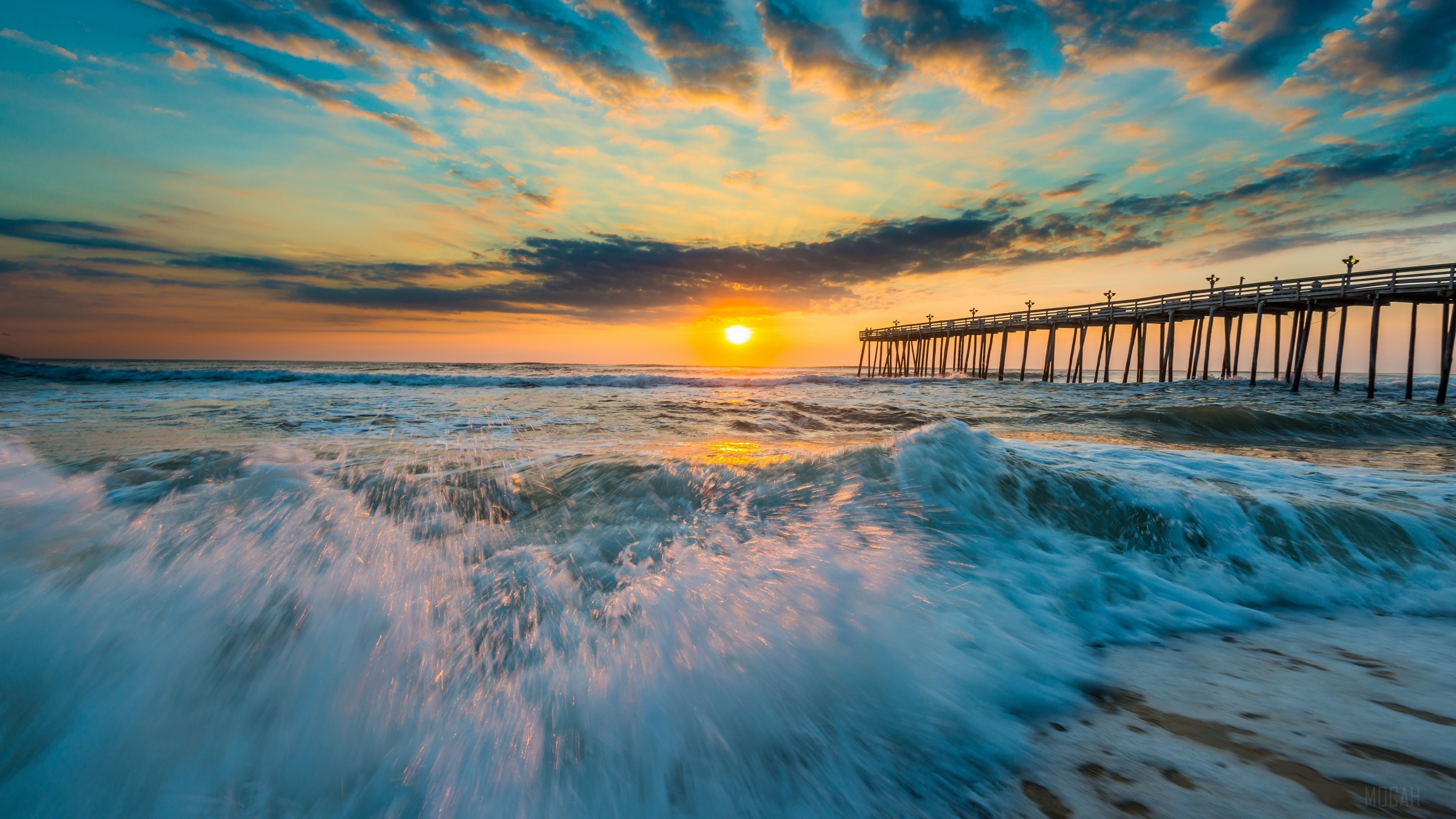Blue, Horizon, Ocean, Pier, Sunset, Wave 4k Gallery HD Wallpaper