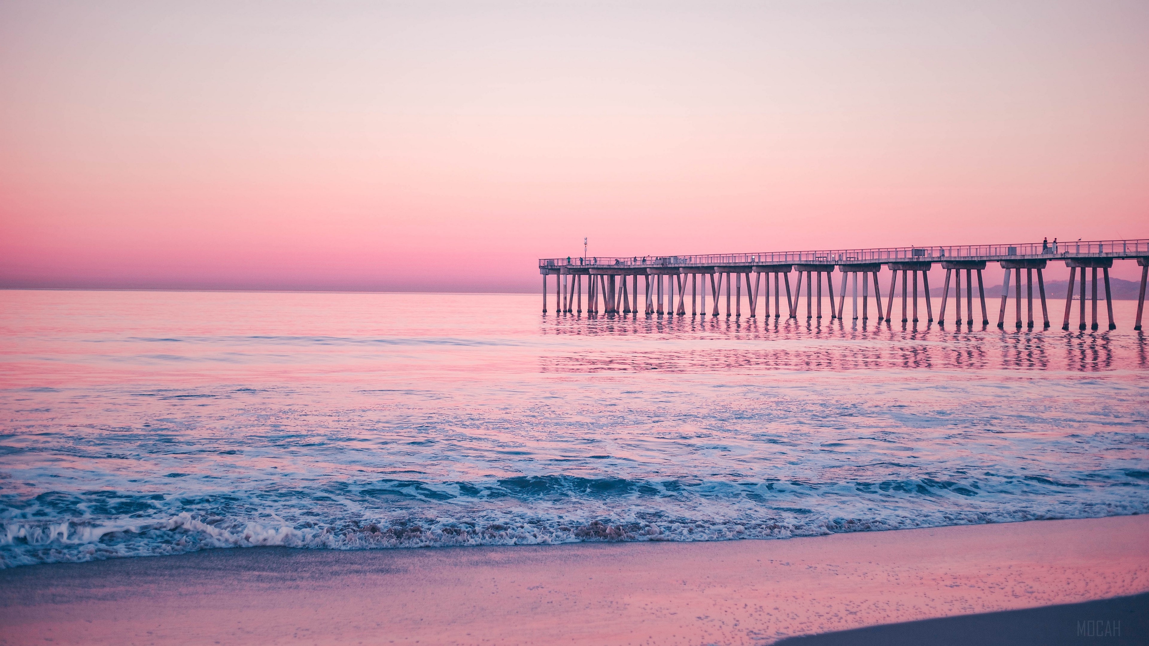 pier, sea, surf, pink 4k Gallery HD Wallpaper