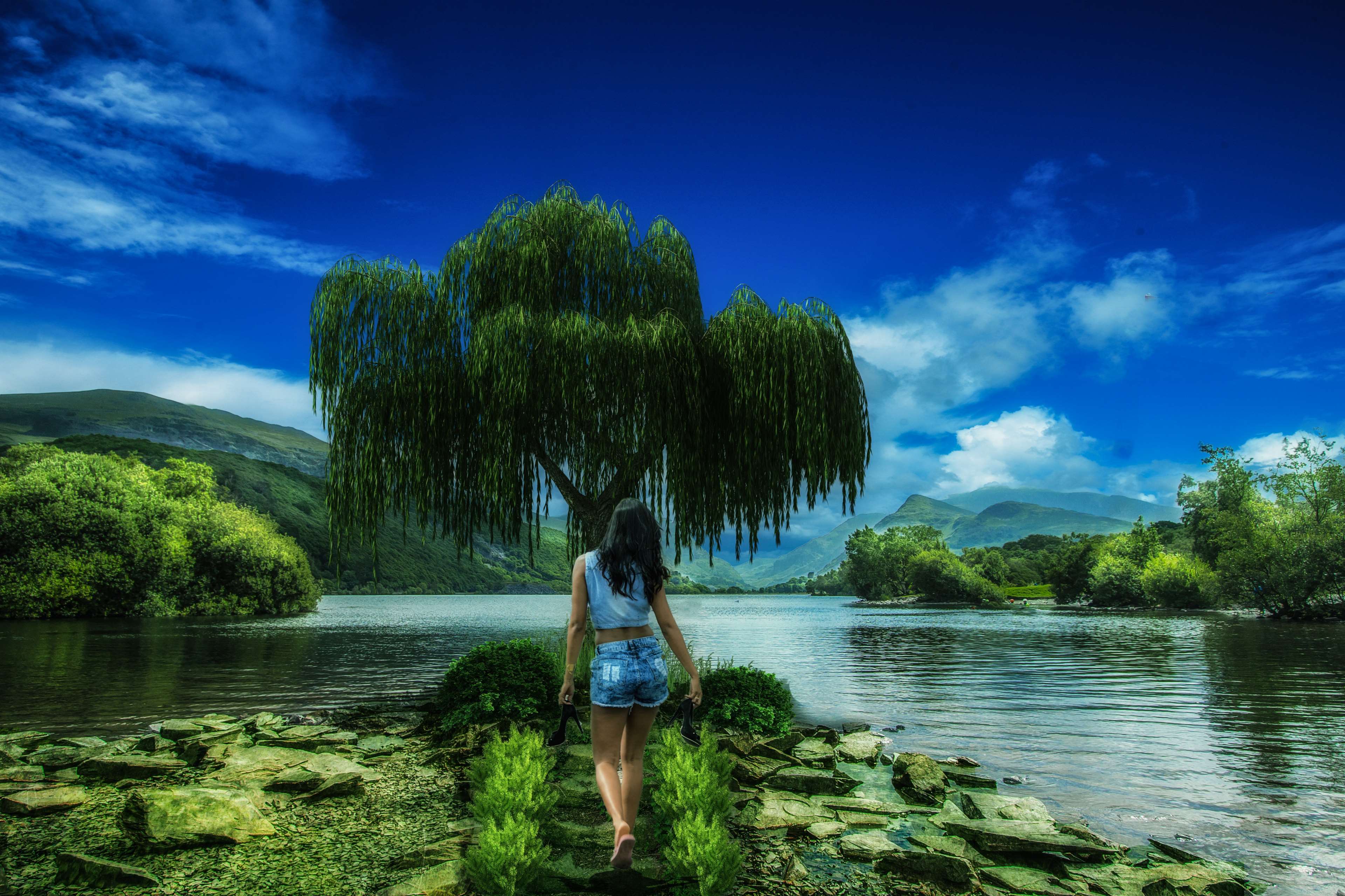 background, beautiful, cloud, clouds, daylight, girl, grass, green, lake, landscape, mountains, nature, outdoors, park, pool, reflection, river, rocks, scenic, sky, summer, tree, trees, wallpaper, water, wood 4k Gallery HD Wallpaper