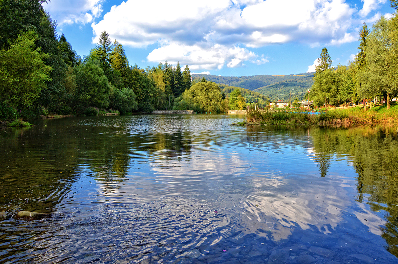 Desktop Wallpaper Poland Summer Nature Rivers Trees Clouds