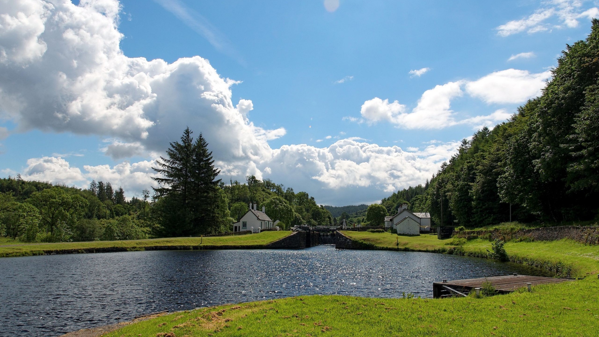 Download Wallpaper 1920x1080 river, beautiful, summer landscape, grass Full HD 1080p HD Background