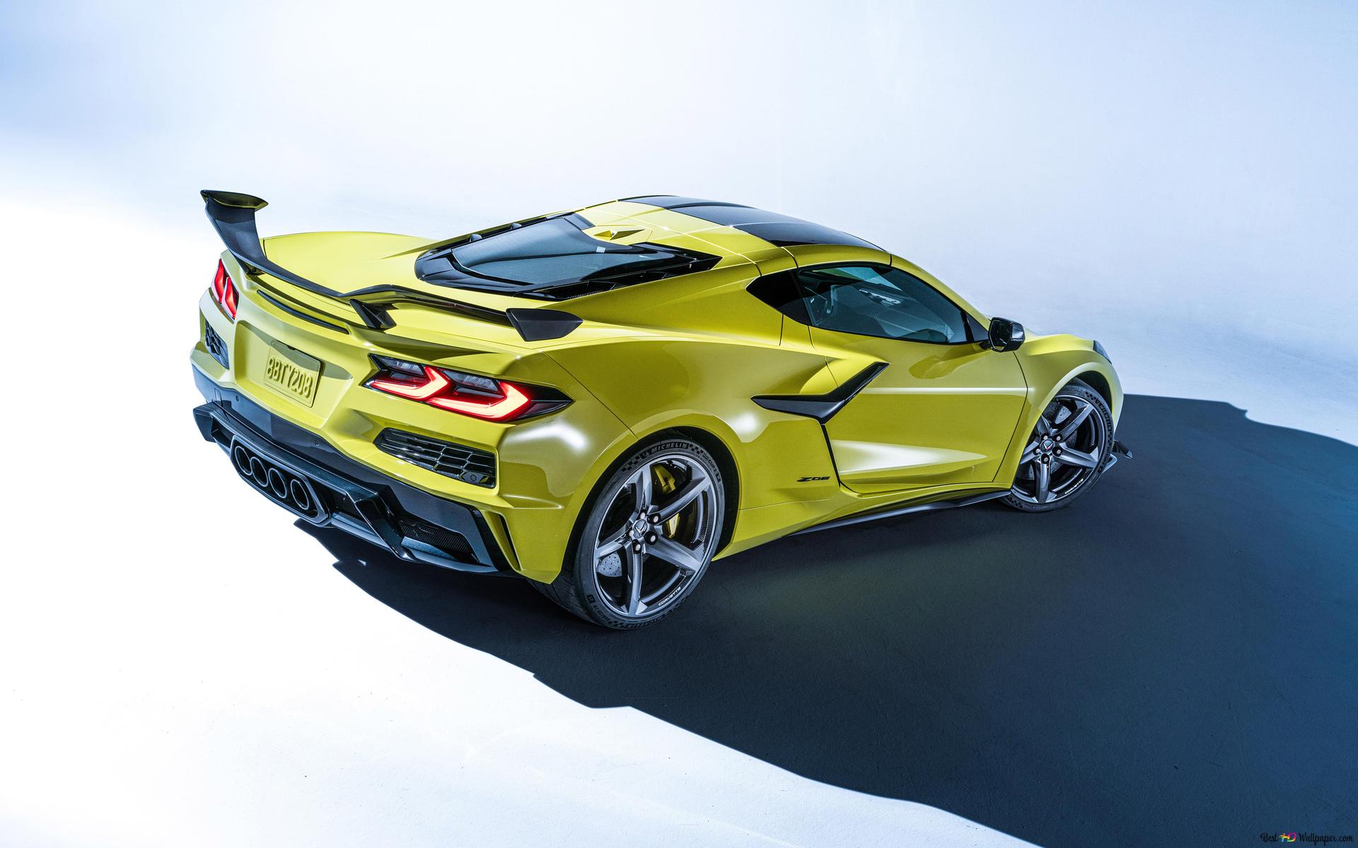 Chevrolet Corvette Z06 2023 yellow back and side view 4K wallpaper download