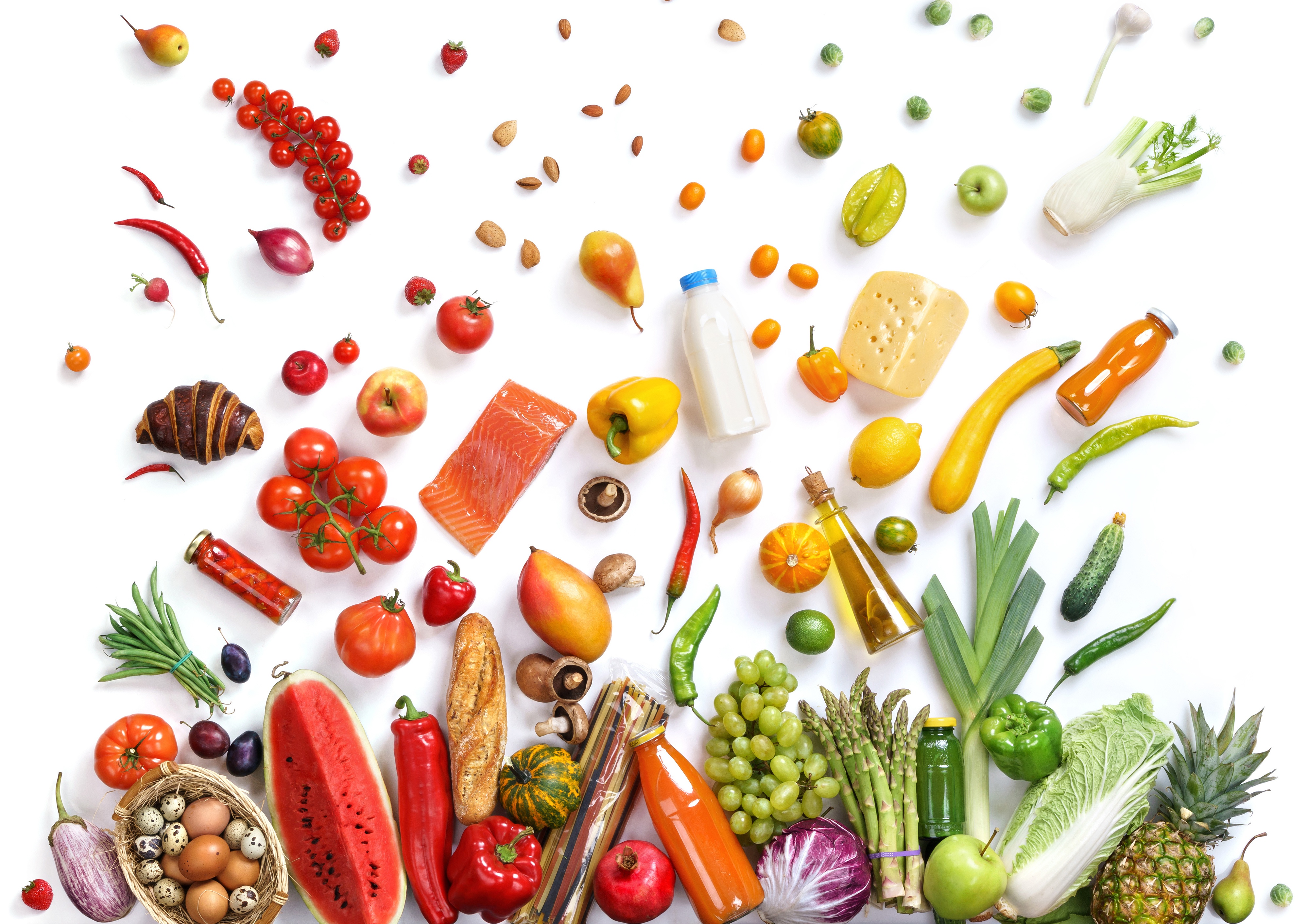 Wallpaper, food, vegetables, colorful, eggs, fruit, berries, tomatoes, bread, grapes, paprika 4000x2828