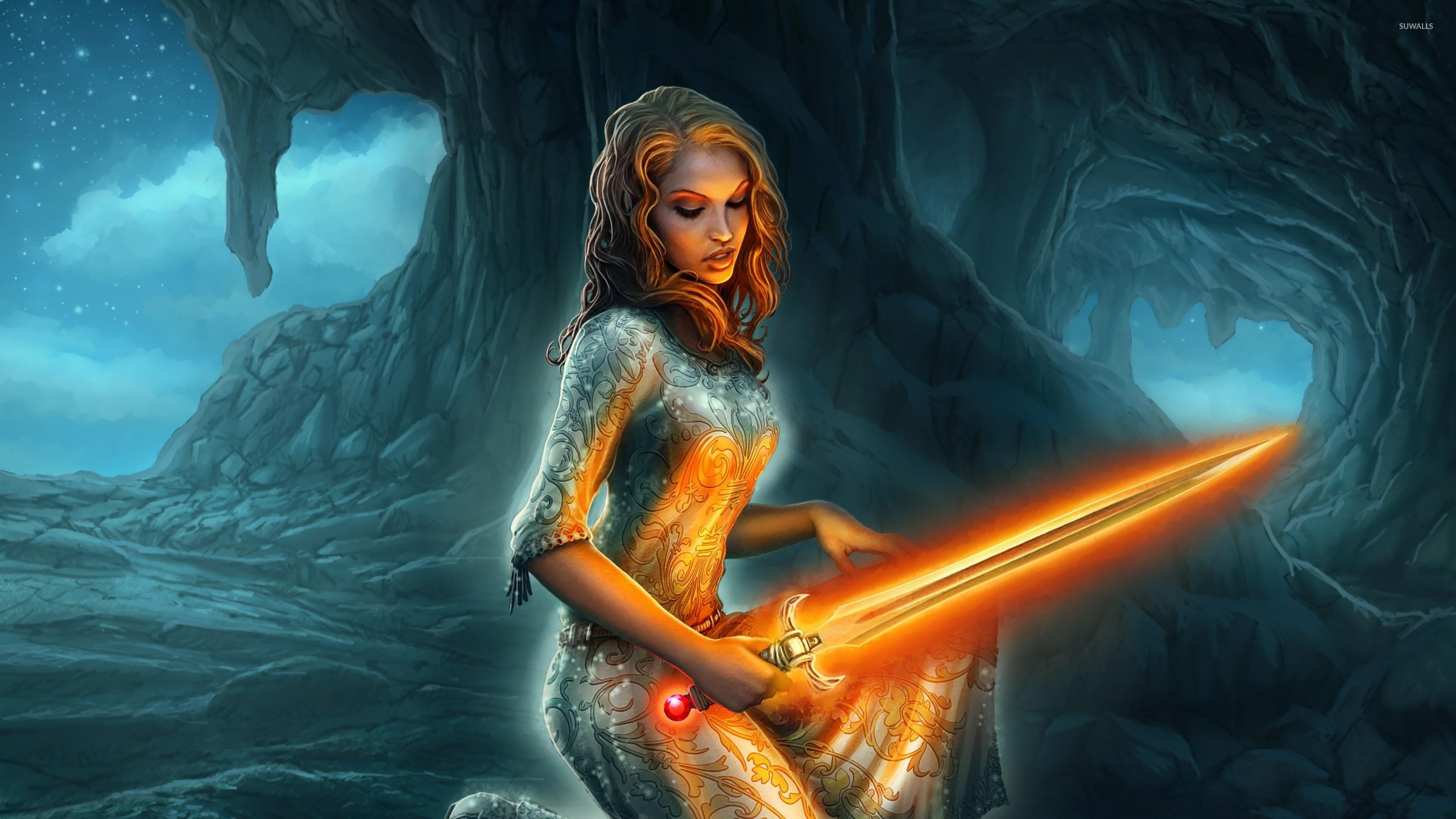Woman with a glowing sword wallpaper wallpaper