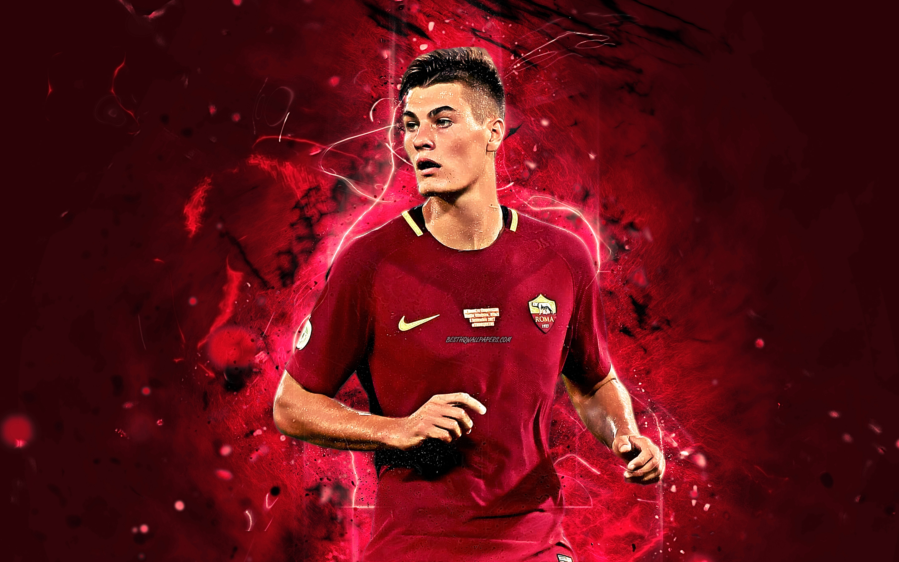 Download wallpaper Patrik Schick, czech footballers, AS Roma, forward, white uniform, Serie A, Schick, abstract art, neon lights, soccer, Roma FC, creative for desktop with resolution 2880x1800. High Quality HD picture wallpaper
