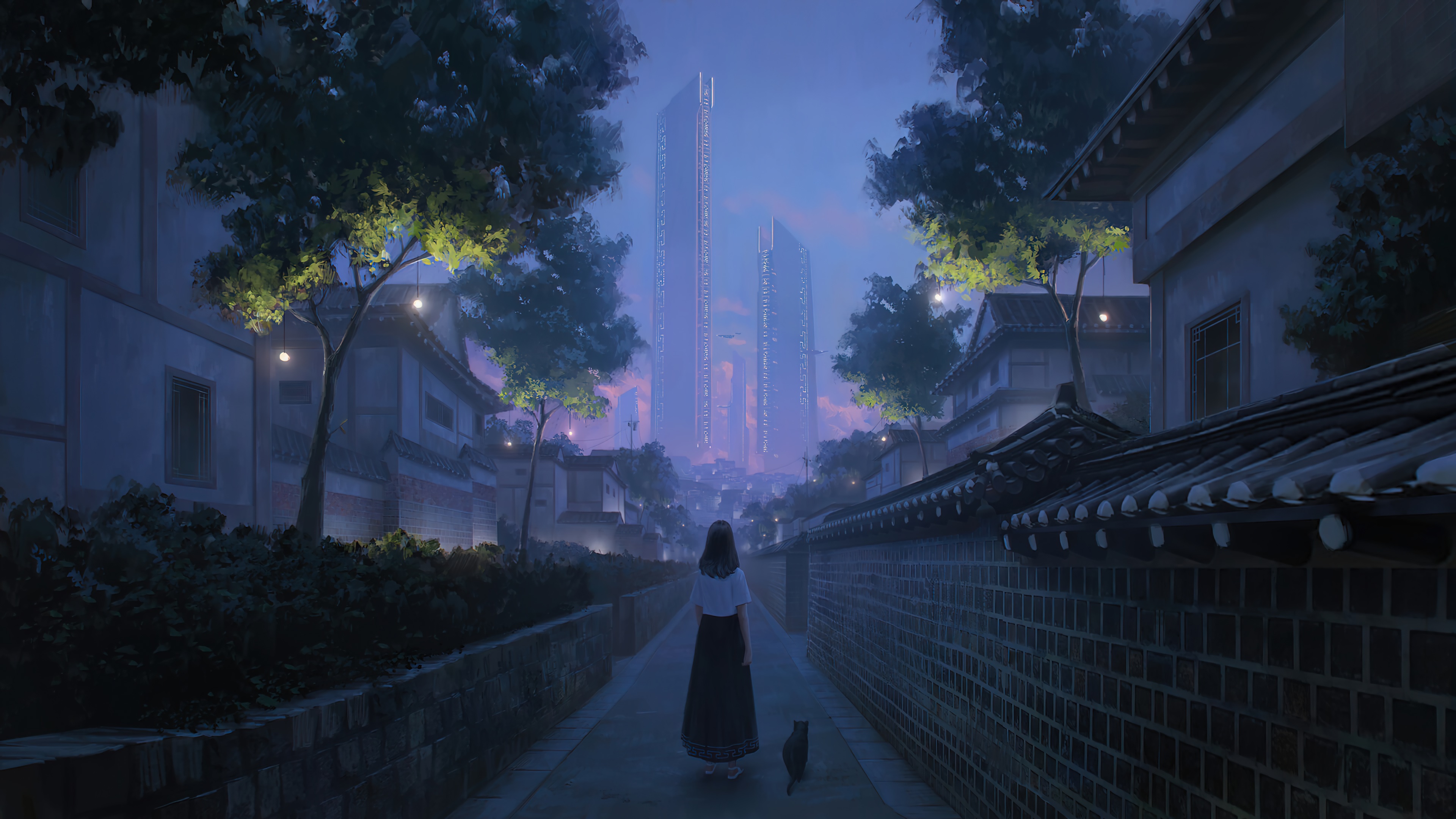 anime, girl, night, city, alley, walking, 4k Gallery HD Wallpaper