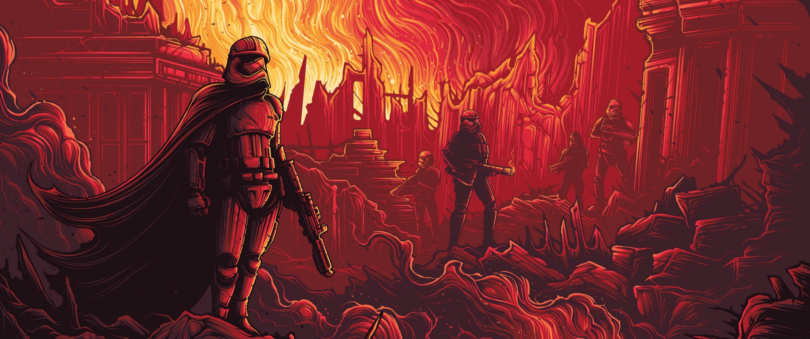 Wallpaper, illustration, Star Wars, red, demon, stormtrooper, burning, screenshot, 3440x1440 px, computer wallpaper, special effects, geological phenomenon 3440x1440