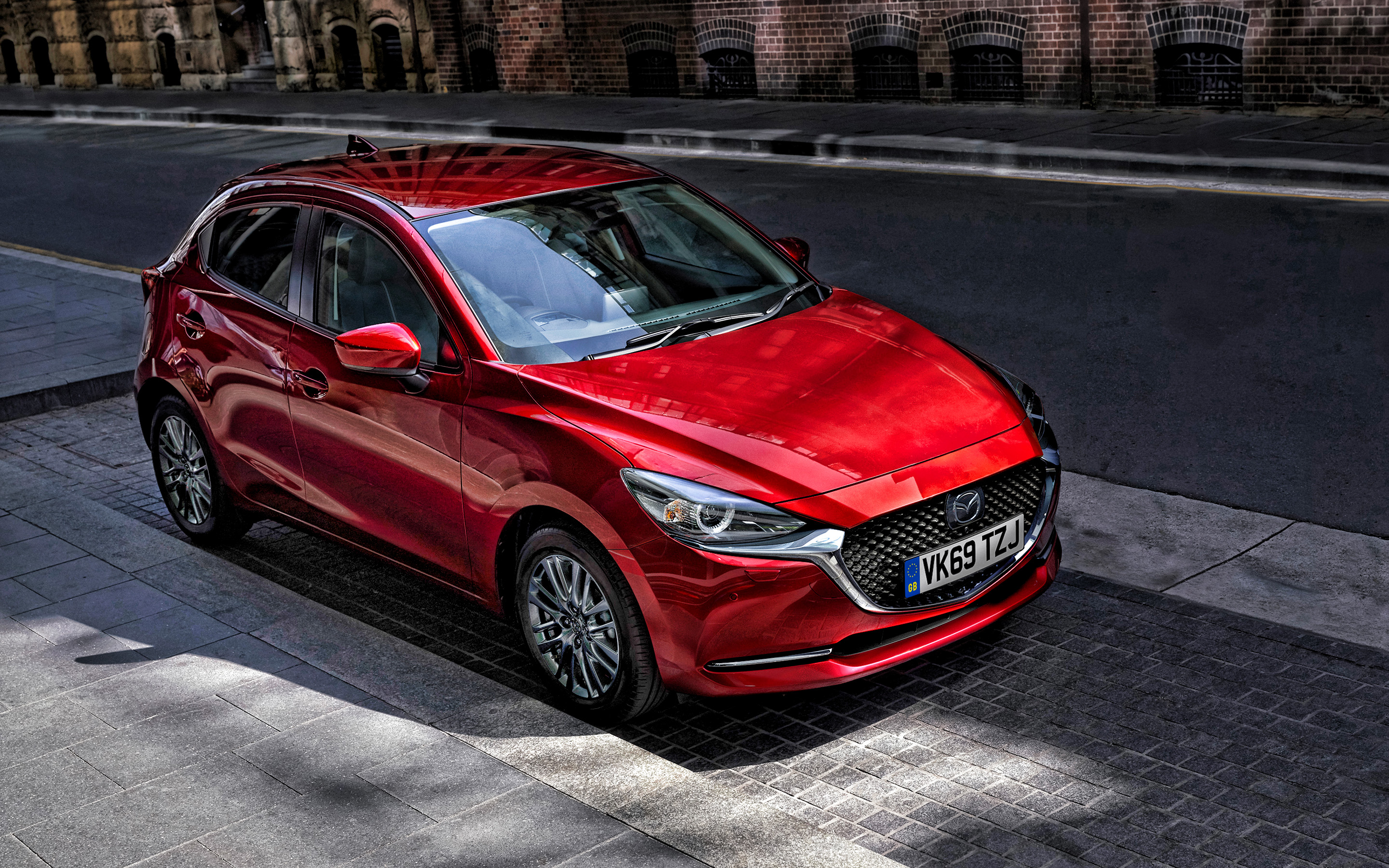 Download wallpaper 2020, Mazda 2, exterior, front view, compact hatchback, new red Mazda 2, Japanese cars, Mazda for desktop with resolution 2880x1800. High Quality HD picture wallpaper