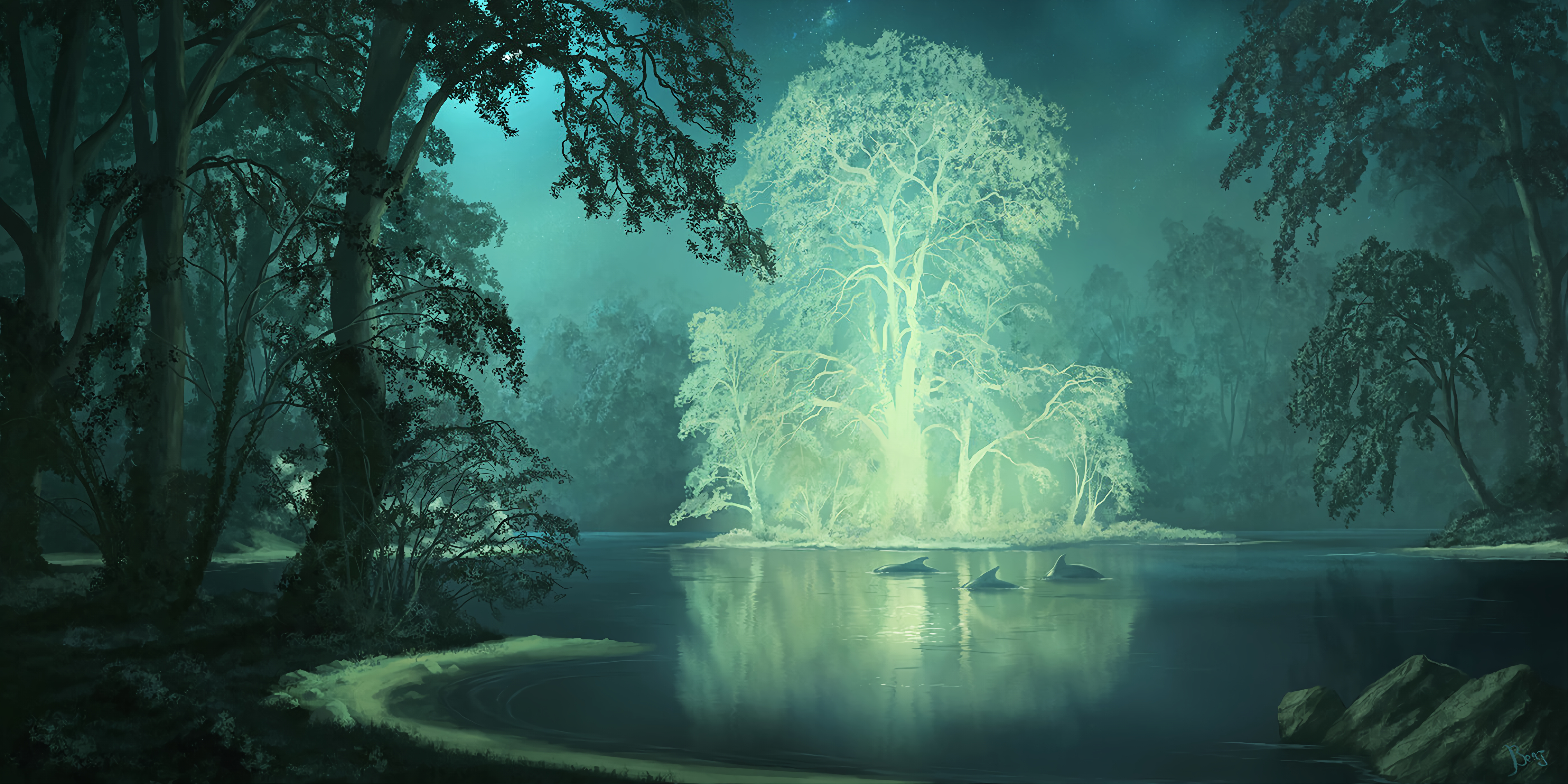 BenJ Digital Art Fantasy Art Trees Dolphin Starry Night Forest Wallpaper:5600x2800