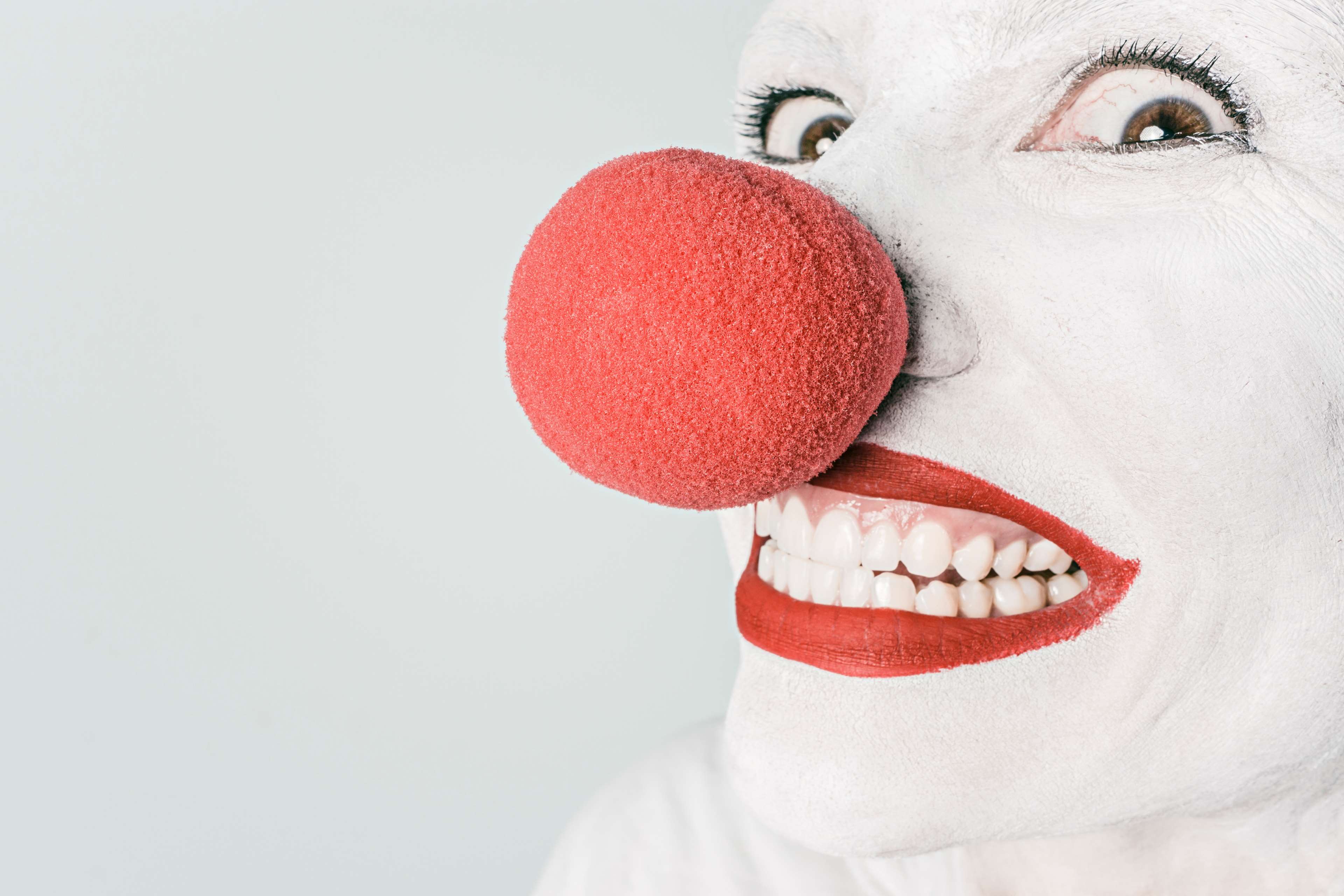artist, circus, clown, comedian, comedy, funny, grinning, happy, head, humour, joke, joking, laughing, makeup, man, nose, painted, person, red, smile, smiling, white 4k wallpaper