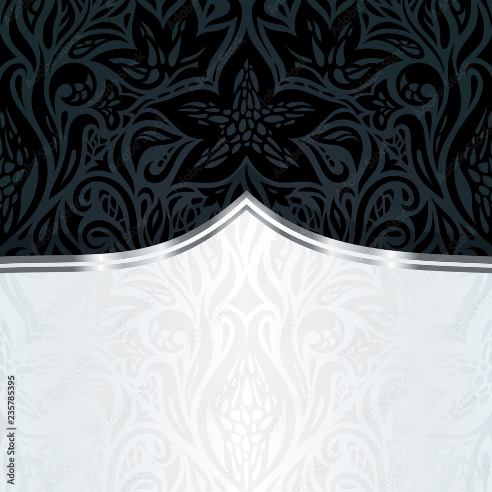 Decorative black silver floral luxury wallpaper background design in vintage style with copy space Stock Vector